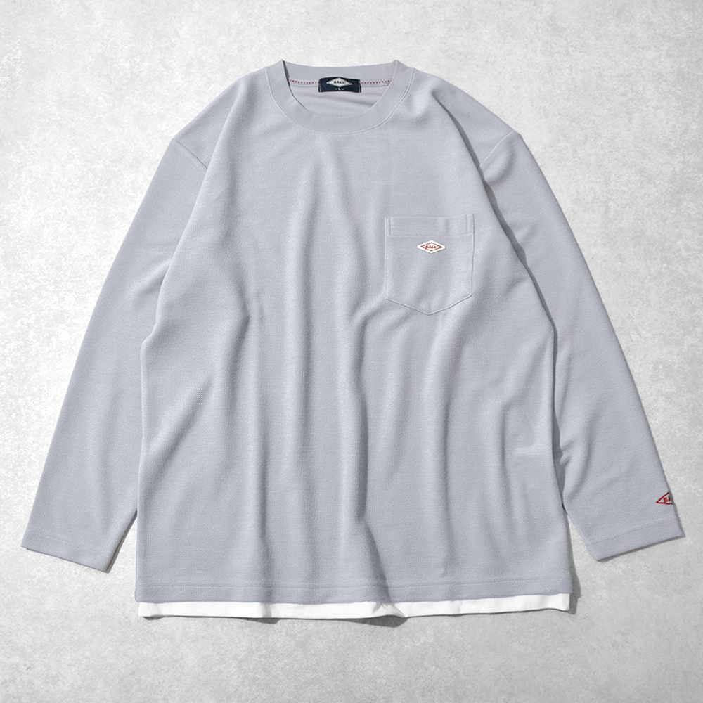 BALL Tシャツ メンズ 長袖 鹿の子 ロゴワッペン カジュアル 重ね着風