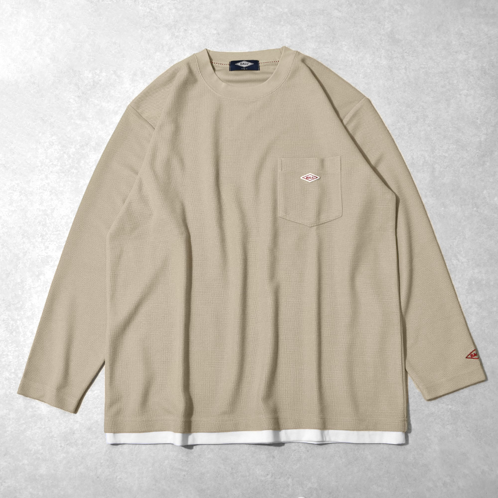BALL Tシャツ メンズ 長袖 鹿の子 ロゴワッペン カジュアル 重ね着風
