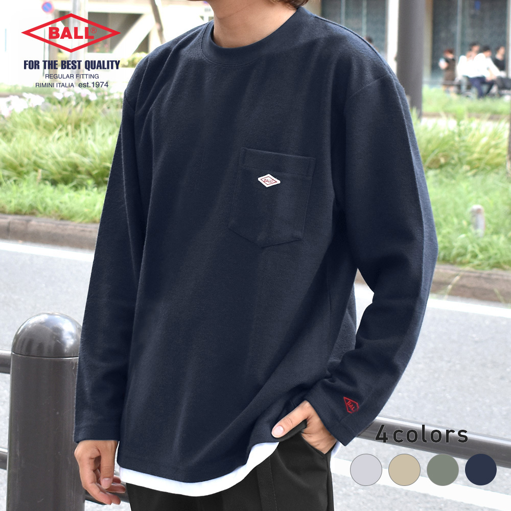 BALL Tシャツ メンズ 長袖 鹿の子 ロゴワッペン カジュアル 重ね着風