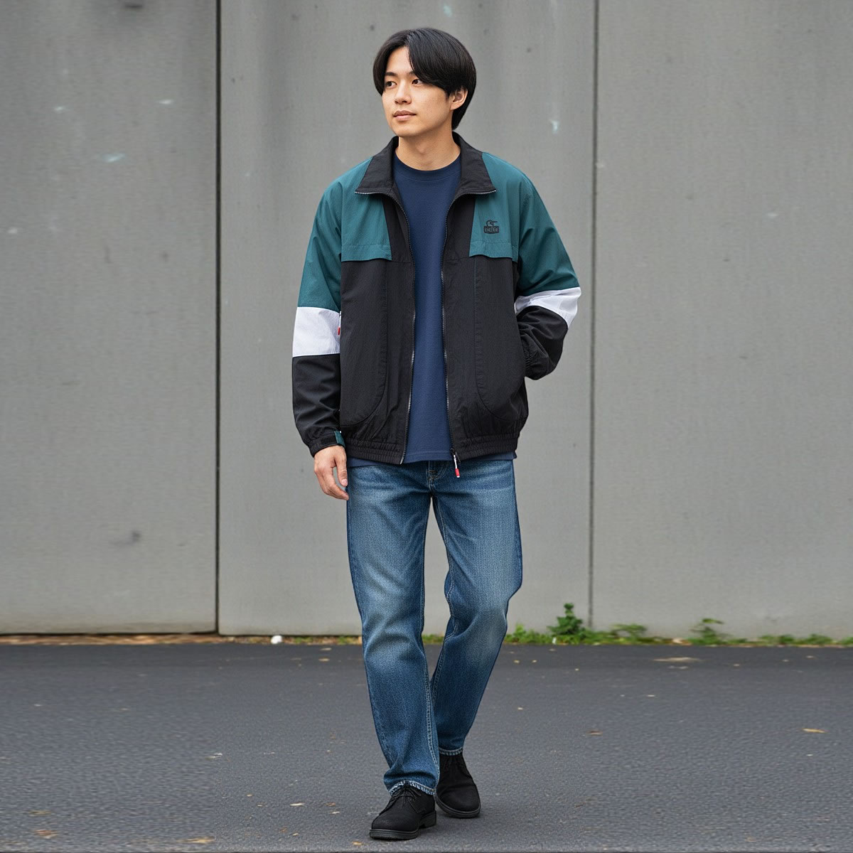CHUMS カーンズレトロスポーツジャケット Black Deep Teal 着用例 メンズ Lサイズ 178cm オーバーサイズ ナイロンブルゾン