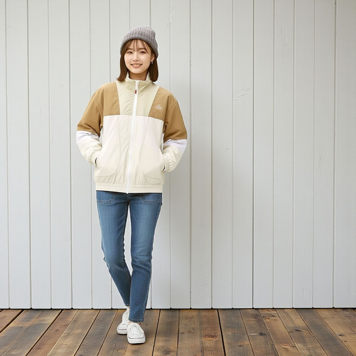 CHUMS カーンズレトロスポーツジャケット Cream Greige 着用例 Mサイズ 162cm オーバーサイズ 撥水ジャケット