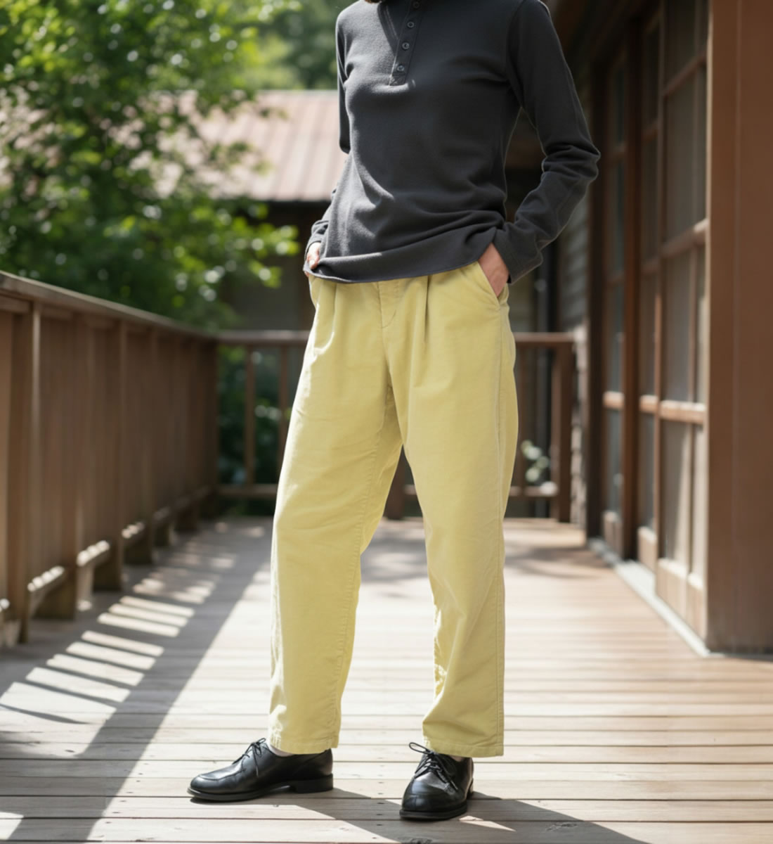 Johnbull（ジョンブル） 裏起毛 コーデュロイ タックテーパードパンツ