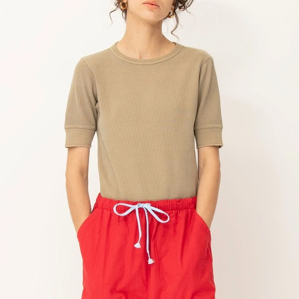 JOHNBULL ピグメント針抜きTシャツ レディース ジョンブル JL251C11 半袖 リブ 無地 ブランド 丸首 クルーネック 白 黒 重ね着 トップ メール便(185円)対応 Johnbull Tシャツ ジョンブル ピグメント針抜きTシャツ
