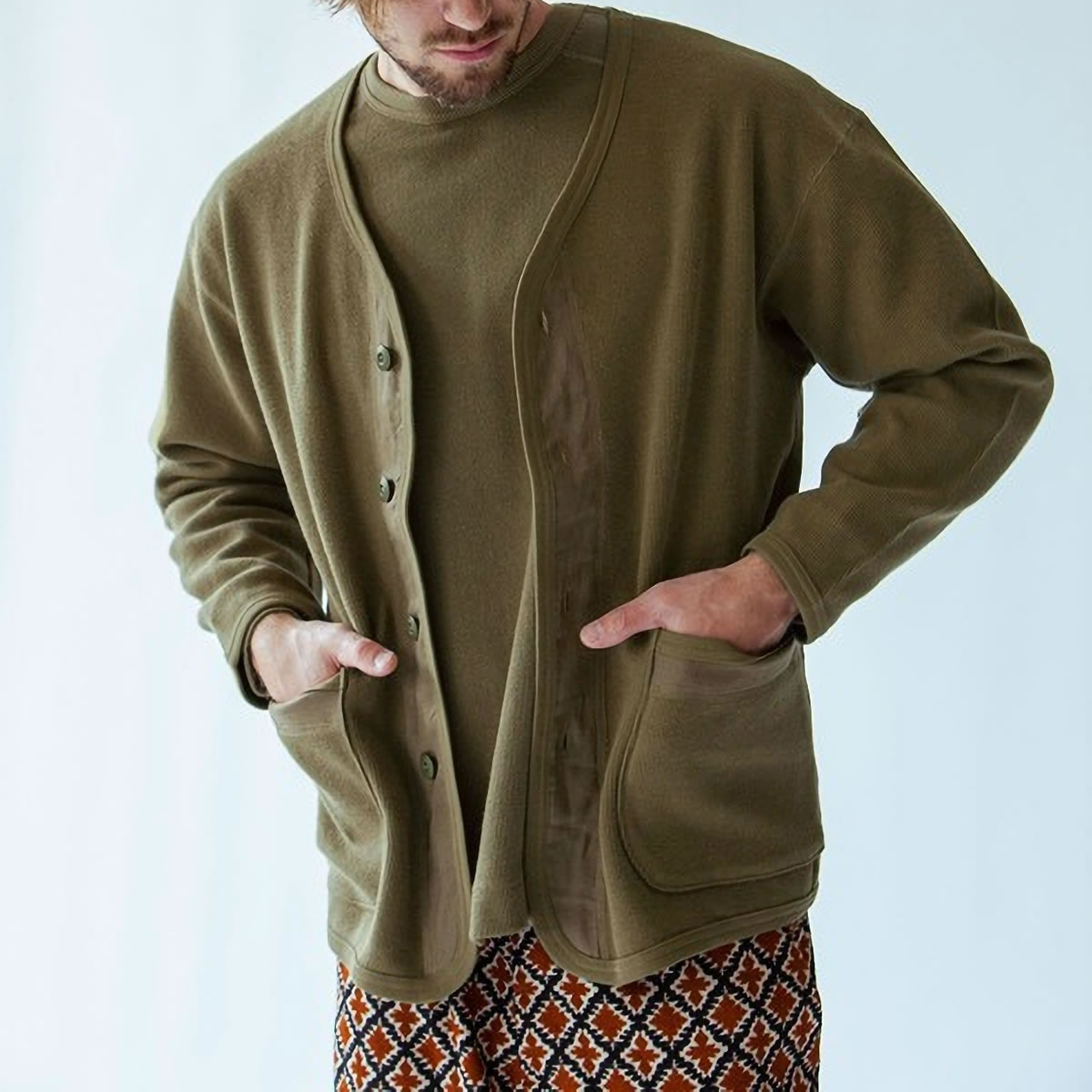 Johnbull／コンビネーション ニット コート 中綿 フード付き カーキ Johnbull カーディガン ジョンブル コマンドニットライナー