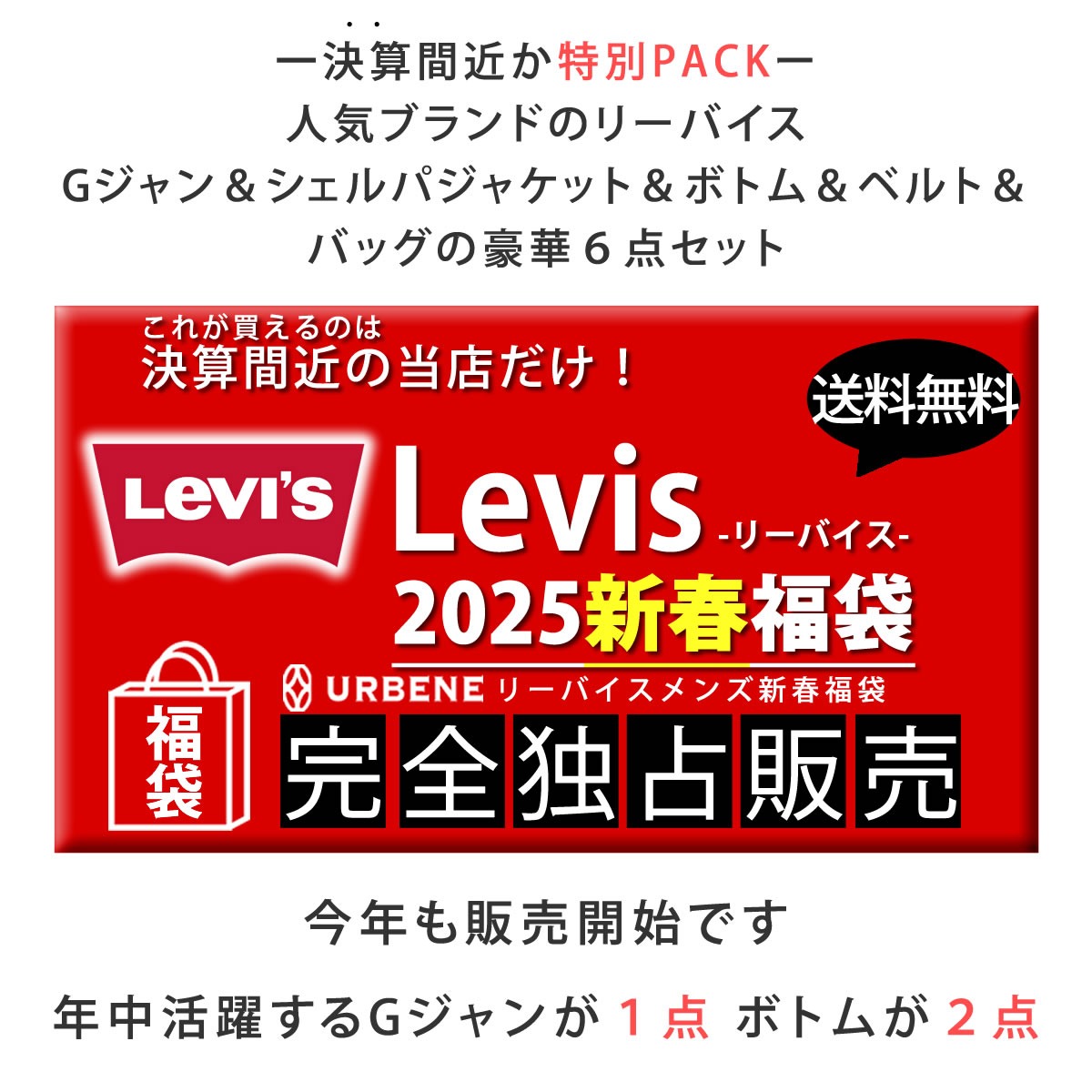 LEVIS リーバイス 初売り福袋 メンズ 合計6点入り福袋 2025年新春福袋 パンツ ベルト Gジャン シェルパジャケット ボディバッグ 合計6点  : levis-fuku2014 : ジャケットからボトム・ギフト雑貨まで アーベン - 通販 - Yahoo!ショッピング