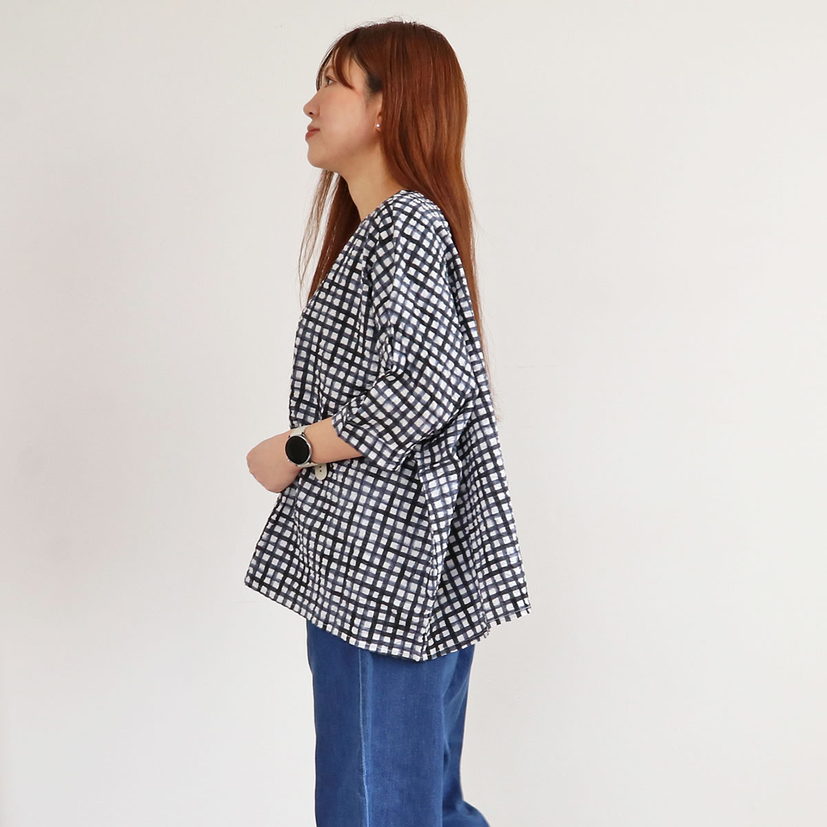 NARU ナル 60ローンリップル チェック＆ストライプ ブラウス