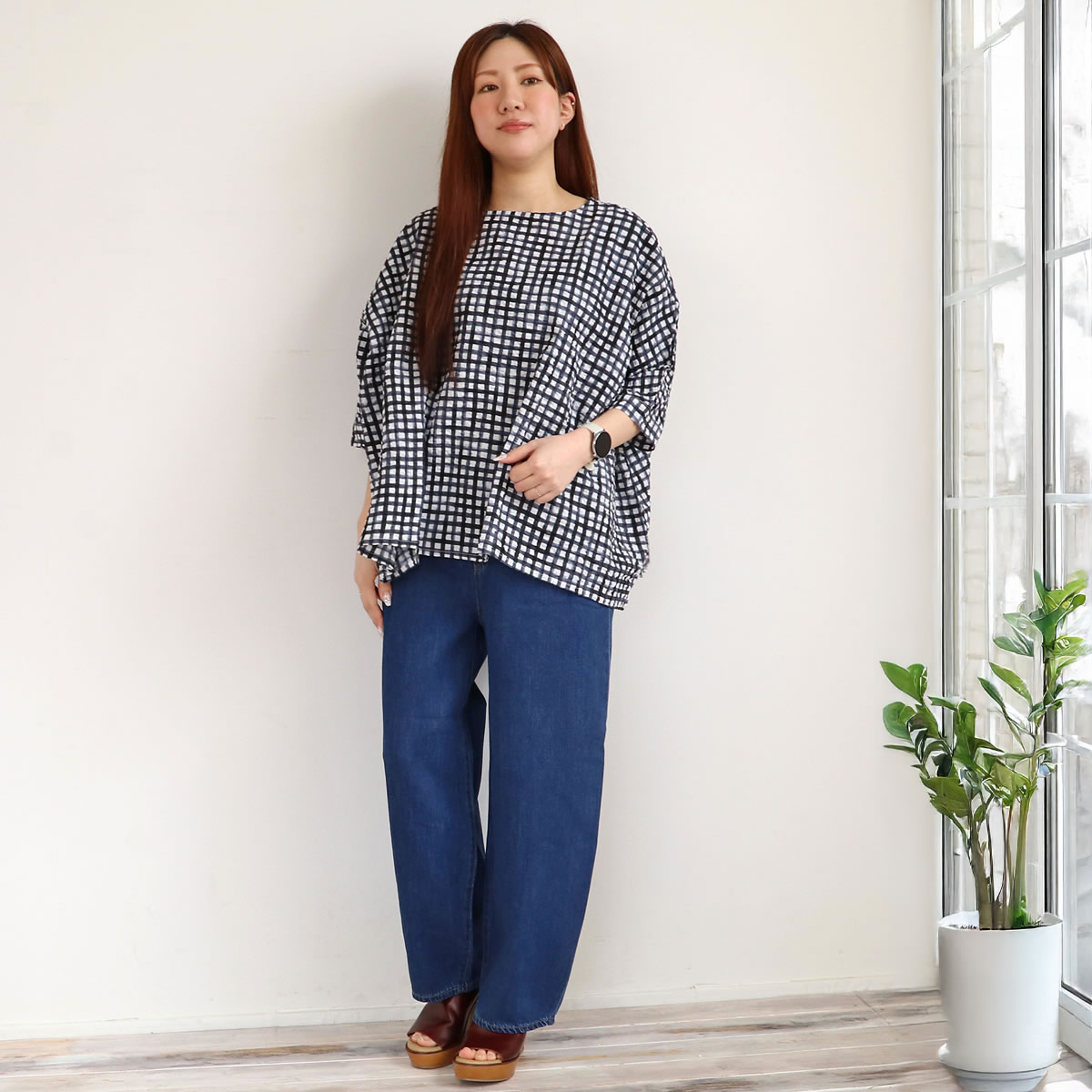NARU ナル 60ローンリップル チェック＆ストライプ ブラウス シャツ 五分袖 日本製 ゆったり 綿100 春夏 NARU｜60ローン リップル チェック ストライプ ギャザー