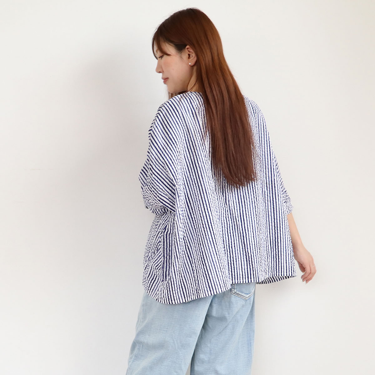 NARU ナル 60ローンリップル チェック＆ストライプ ブラウス シャツ 五分袖 日本製 ゆったり 綿100 春夏 NARU ナル 60ローンリップル チェック＆ストライプ ブラウス