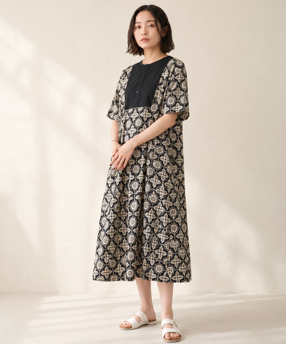 NARU ナル 60ローン エスニック柄 切替 ワンピース 655926 レディース ロングワンピース 半袖 Aライン_nar_lto |  | 01