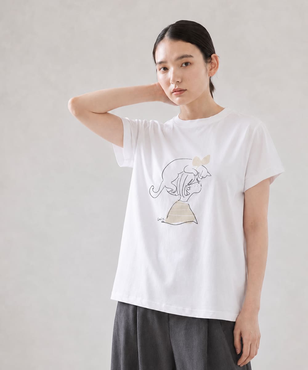 NARU ナル ミナミシャツ レディース Tシャツ 日本製 綿100％ フレンチスリーブ のりcorin コラボ イラストプリント 猫_nar_ltt |  | 01