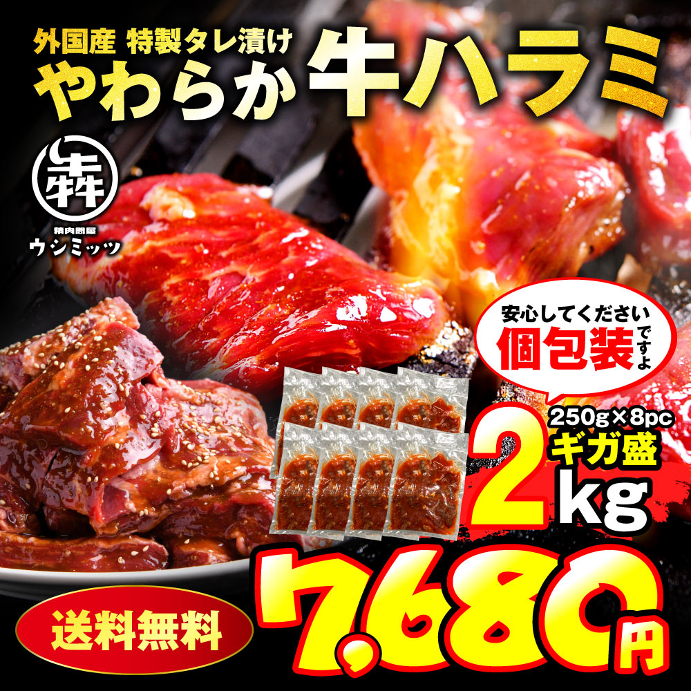 父の日 ＼8,880円→7,680円／牛 牛肉 ハラミ 焼肉 2kg（250g×8p）メガ盛り 大容量 やわらかハラミ BBQ BBQセット 焼肉セット