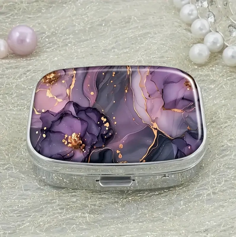 ピルケース 紫 金 マーブルデザイン 可愛い ピルボックス 携帯