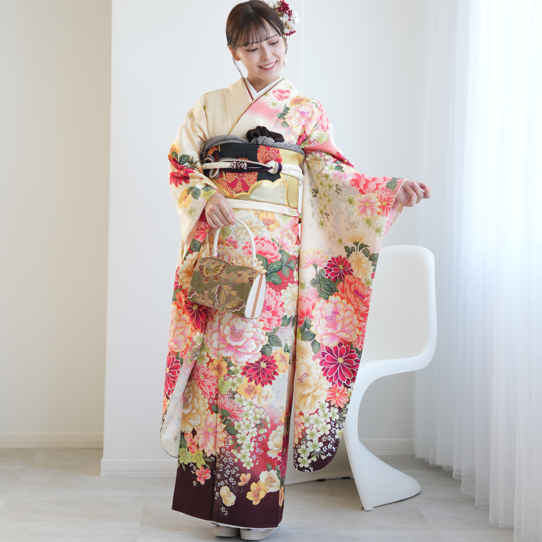 振袖 レンタル 成人式 21点セット レトロ 成人式セット 花 正絹 乳白