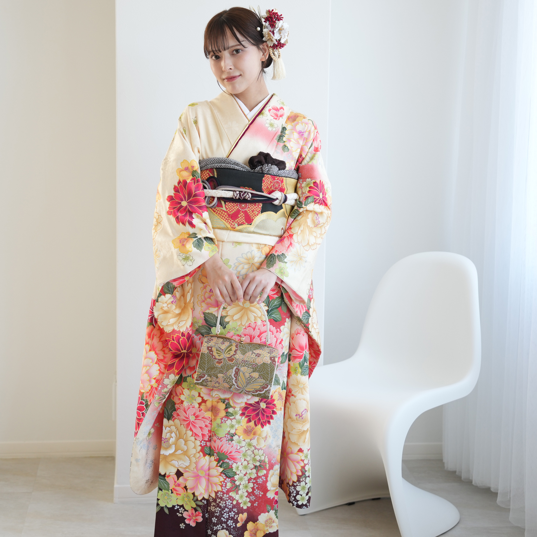 振袖 レンタル 成人式 21点セット レトロ 成人式セット 花 正絹 乳白