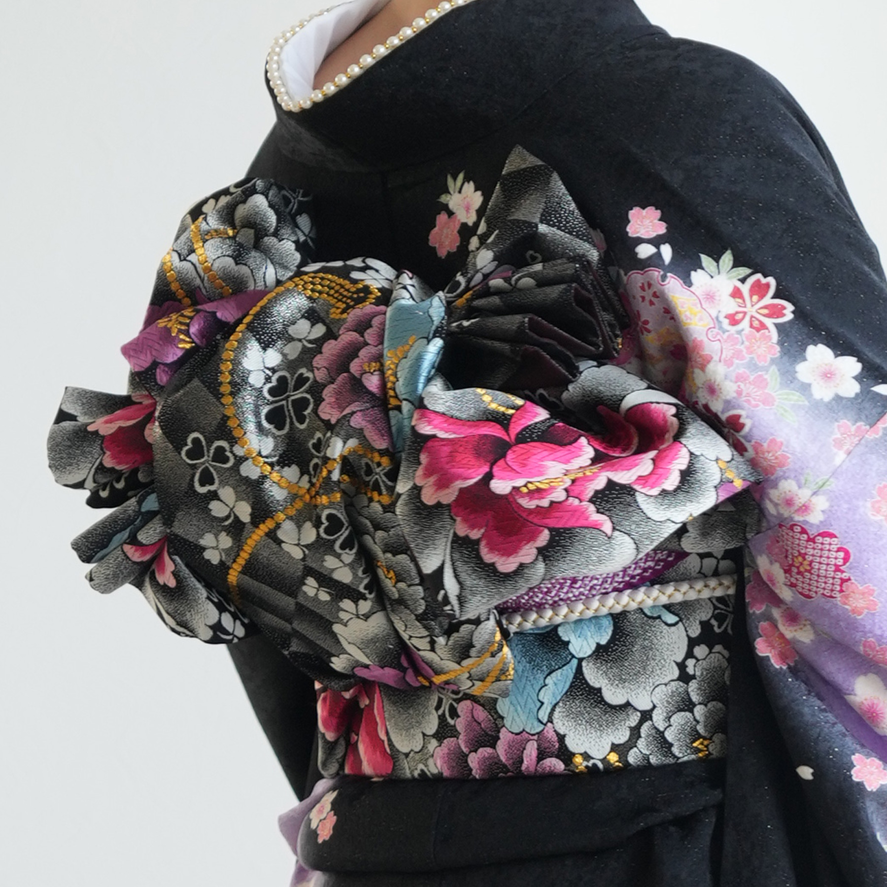 振袖 レンタル 成人式 21点セット レトロ 成人式セット 花 黒系 正絹  