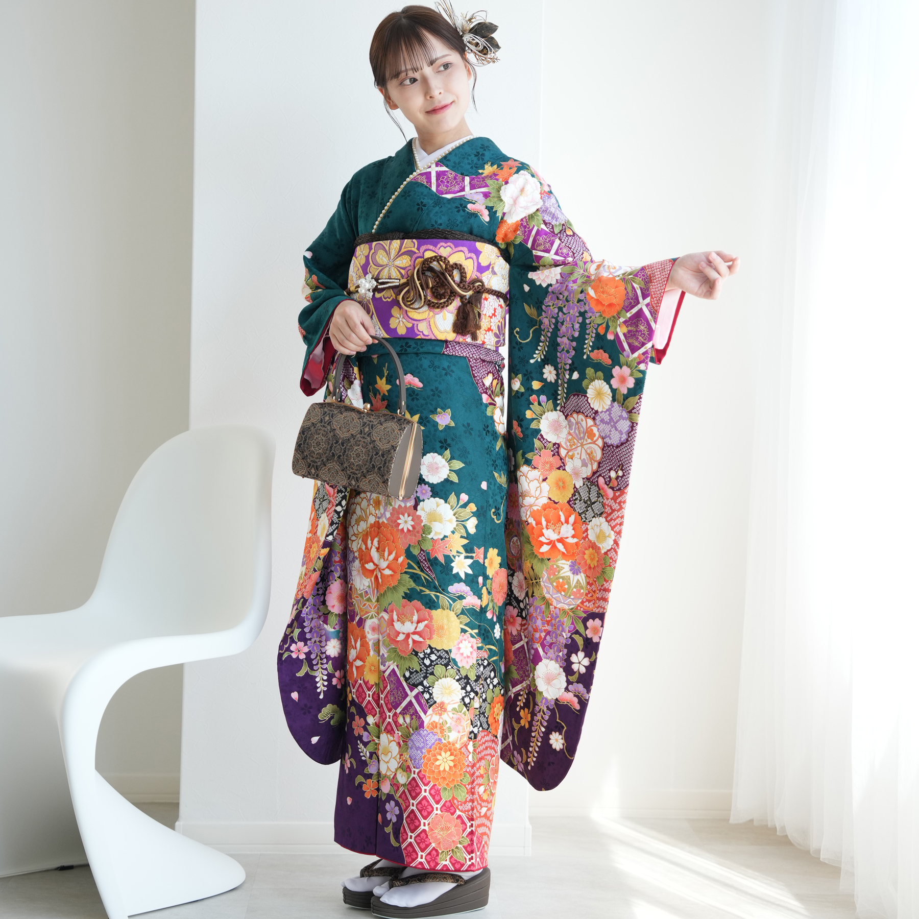 振袖　完全フルセット　24点　成人式　結婚式　前撮り　紫　金　緑　ラインストーン 振袖 完全フルセット 24点 成人式 結婚式 前撮り 紫 金 緑 ライン