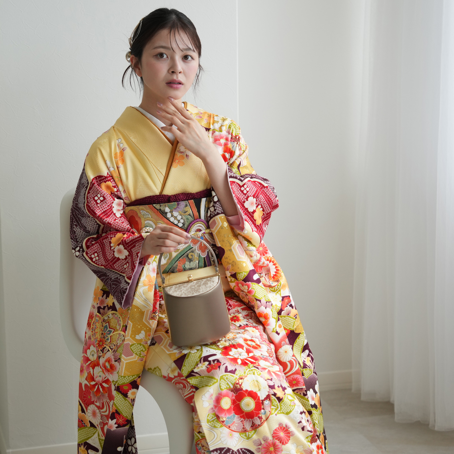 成人式振袖フルセット 花柄 黄色 ピンク 着物 帯セット 今田美桜 振袖フルセット 振袖セット 振袖 LL ワイドサイズ 赤