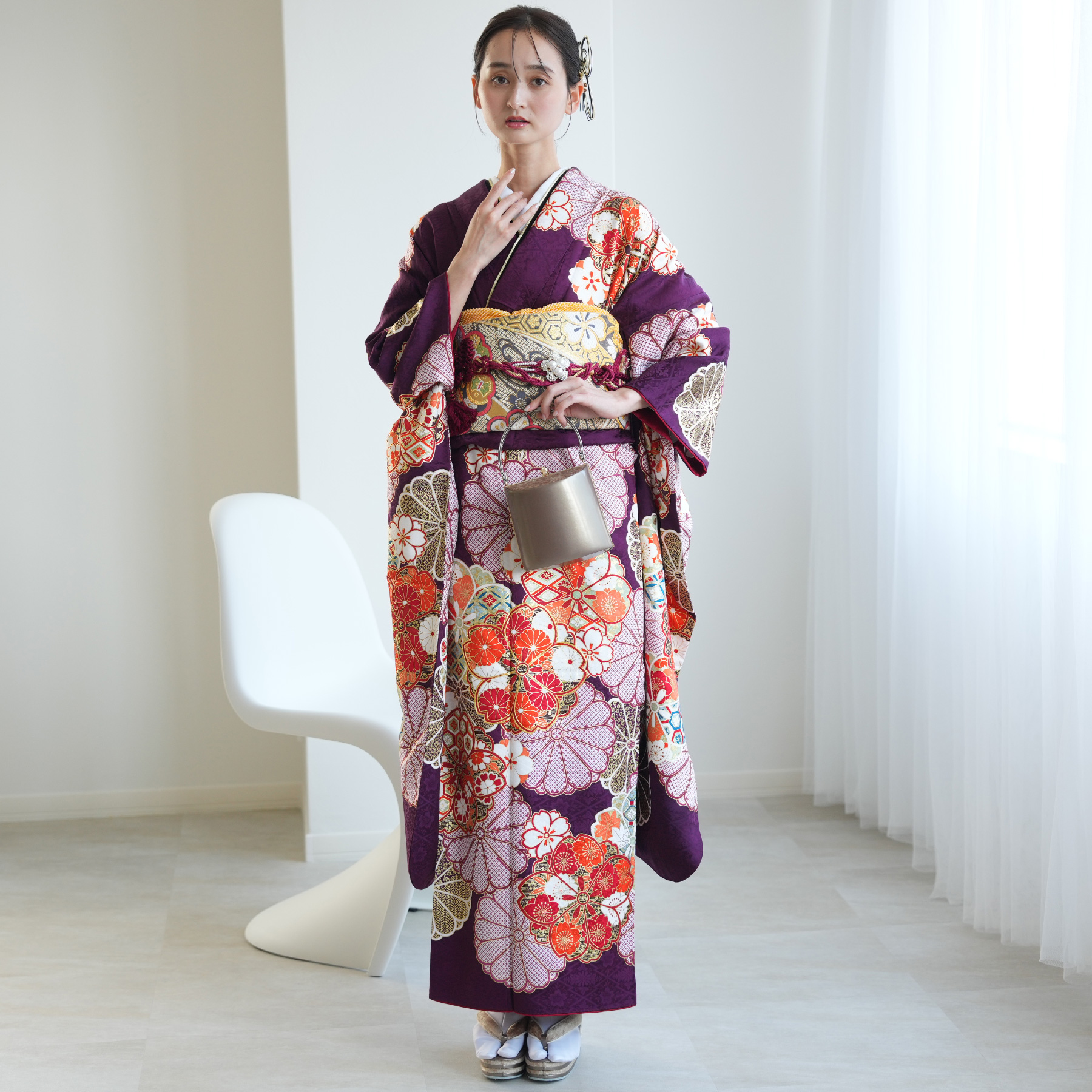 22341【専用3点おまとめ】振袖　紫　総絞り　雲　竹　菊　セット可【即発送】 22341【専用3点おまとめ】振袖 紫 総絞り 雲 竹 菊 セット可【即