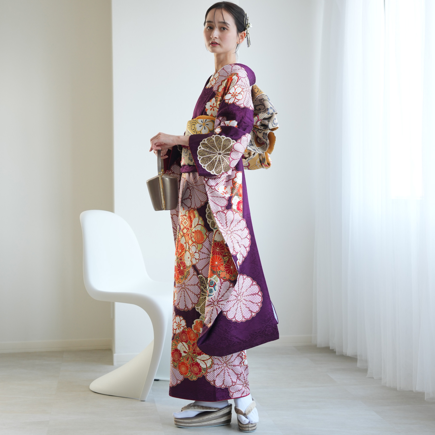 振袖/鼓草花金彩染め分け紫中古美品振袖set/身丈167.5裄丈66.5紫成人式 振袖 レンタル 成人式 21点セット レトロ 成人式セット 花くす玉
