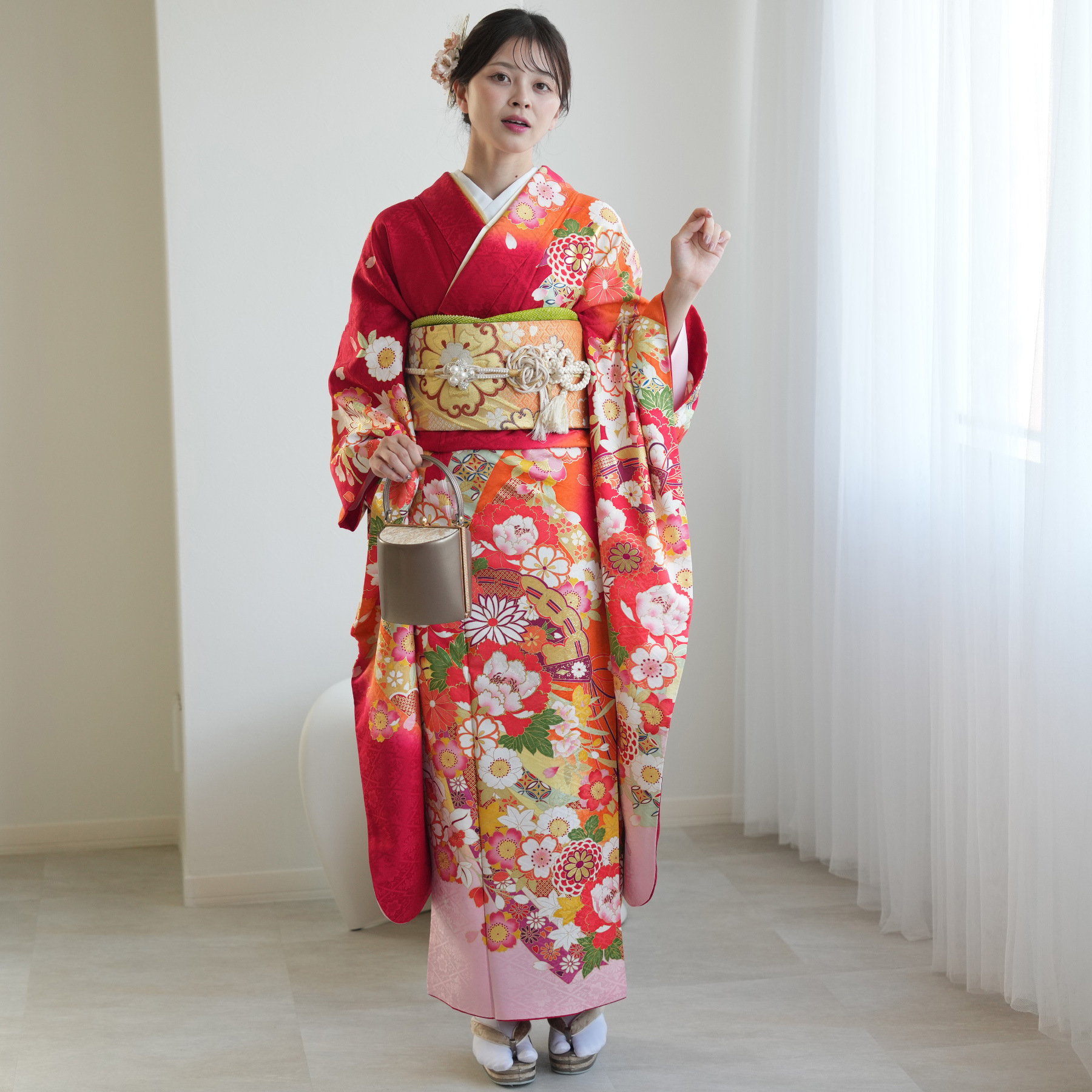 振袖 レンタル 成人式 21点セット レトロ 成人式セット 花 赤系 正絹