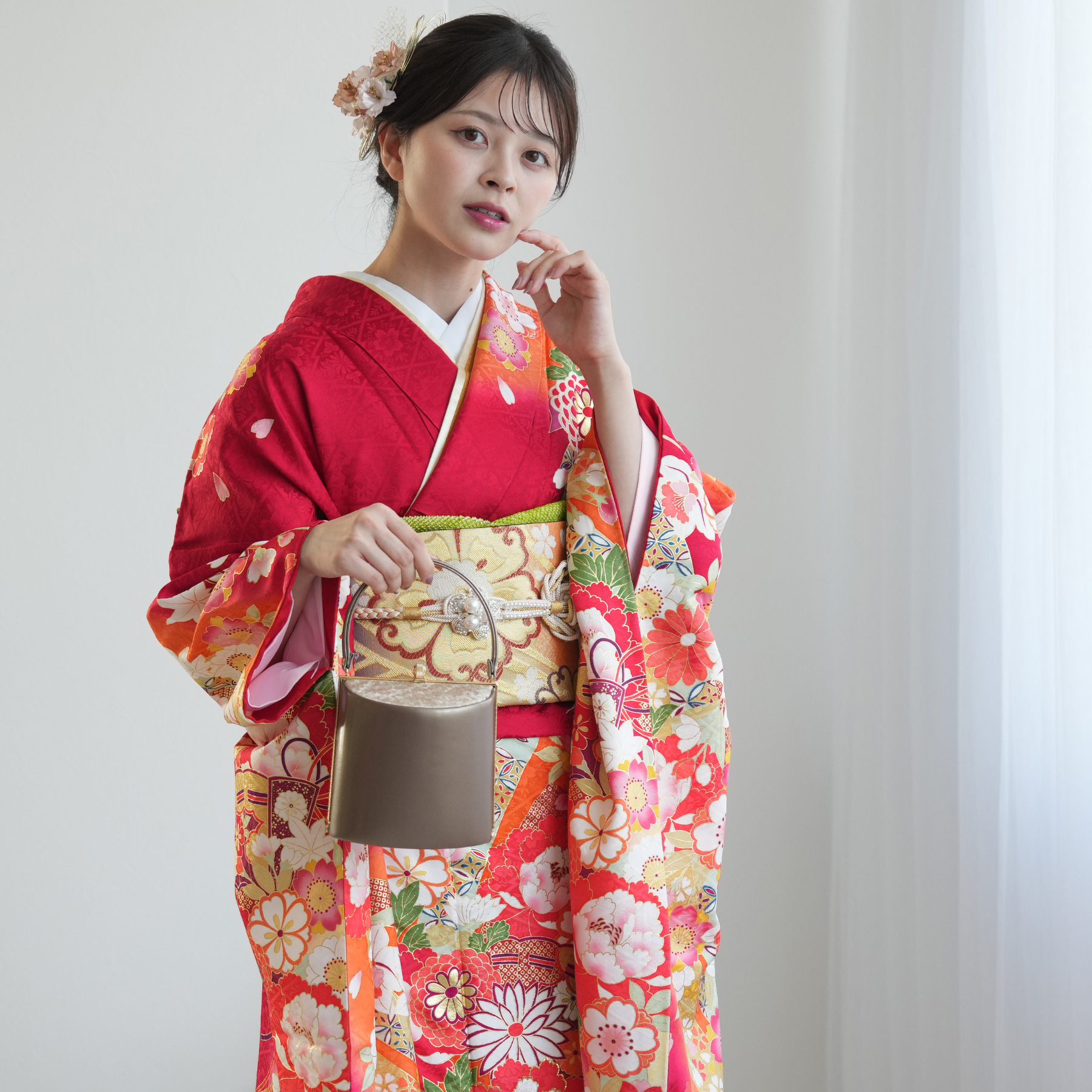 振袖 レンタル 成人式 21点セット レトロ 成人式セット 花 赤系 正絹