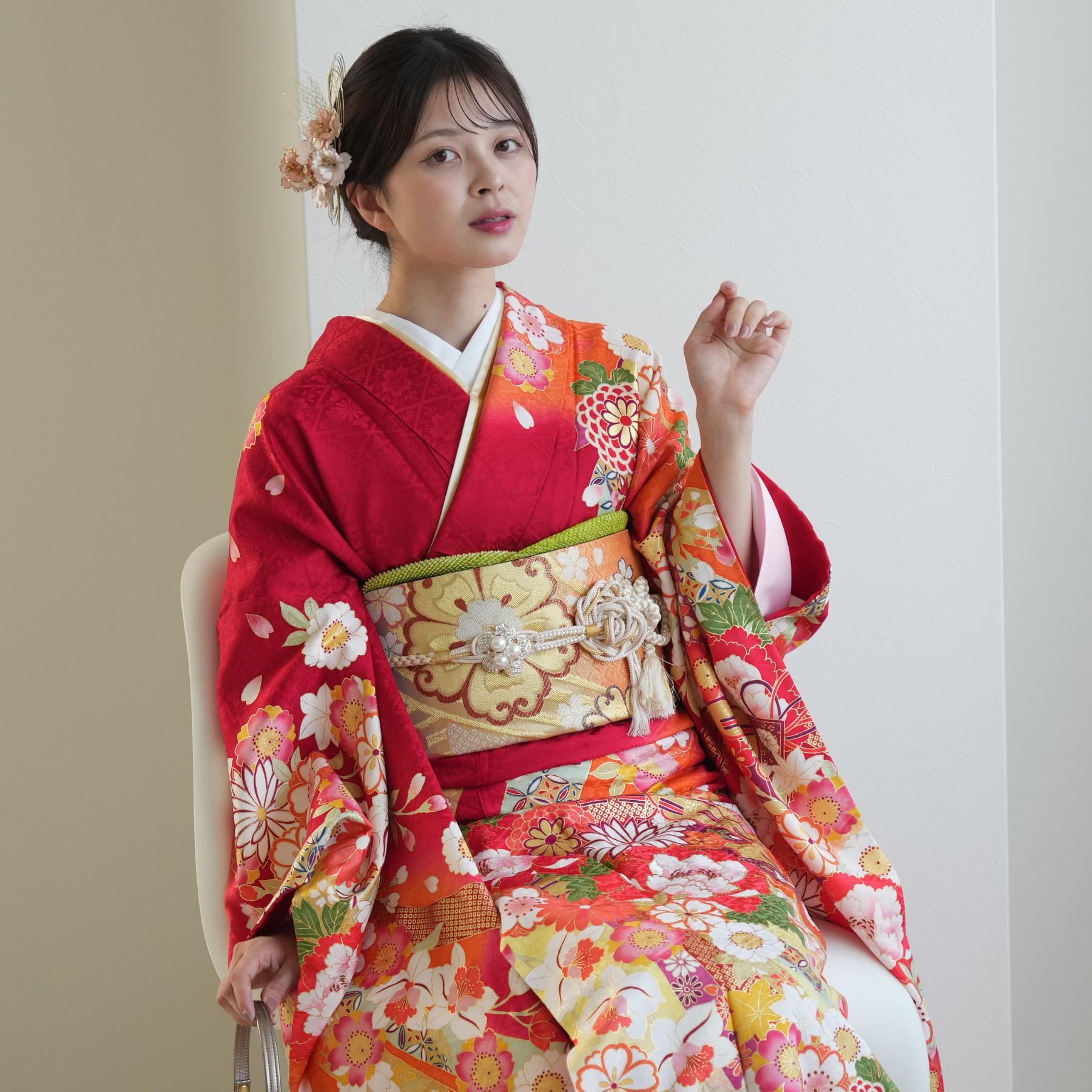【美品✨】　振袖フルセット　振袖　成人式　赤 振袖 レンタル 成人式 21点セット レトロ 成人式セット 花 赤系 正絹