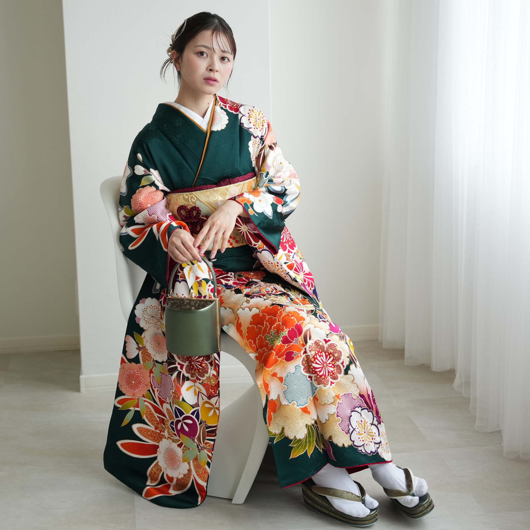 振袖 レンタル 成人式 21点セット レトロ 成人式セット 花 緑系 結婚式