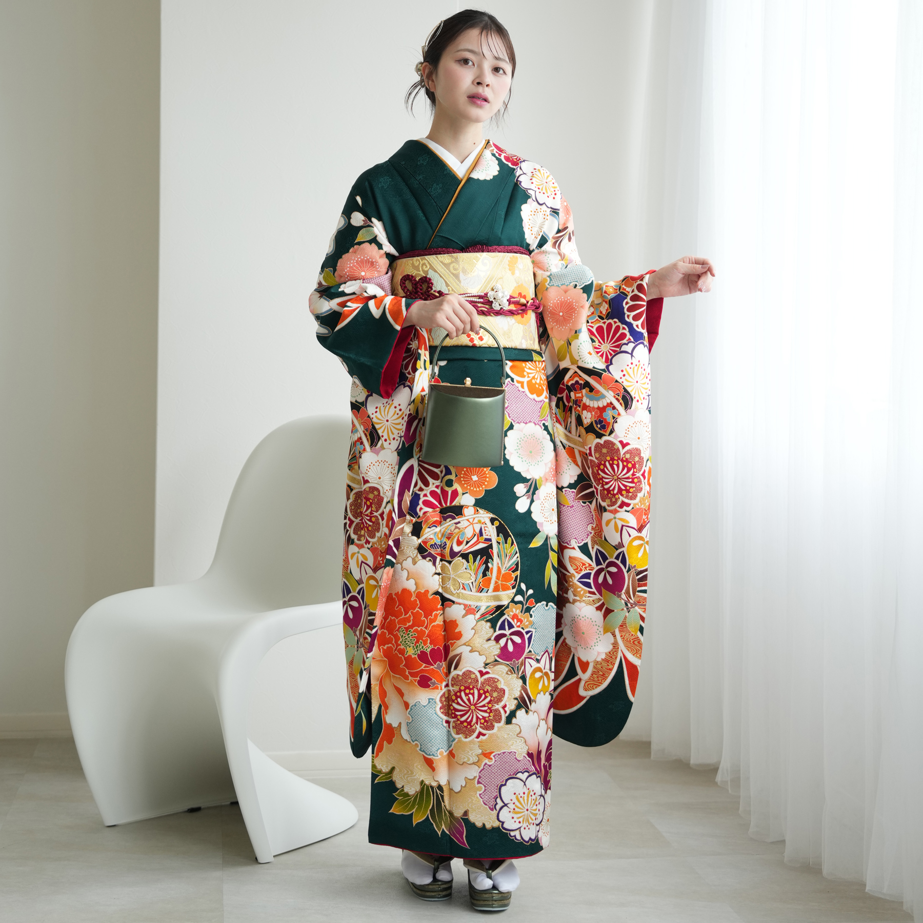 振袖 レンタル 成人式 21点セット レトロ 成人式セット 花 緑系 結婚式