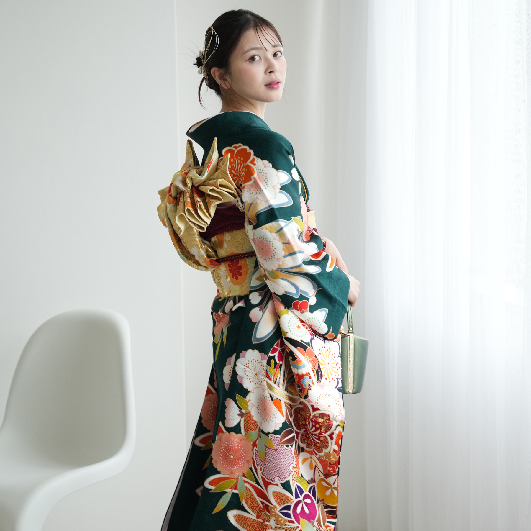 振袖 レンタル 成人式 21点セット レトロ 成人式セット 花 緑系 結婚式