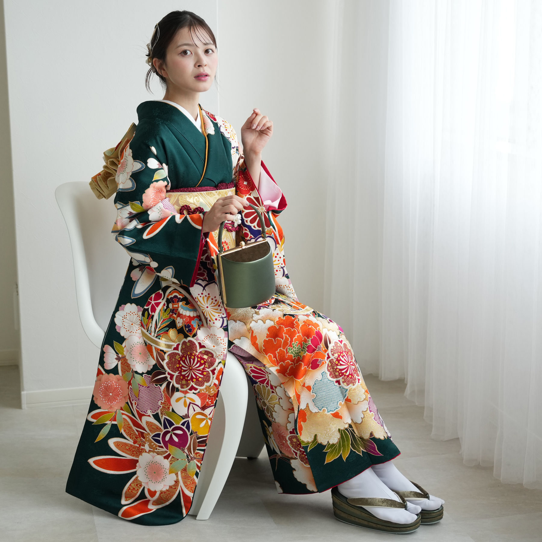 振袖 レンタル 成人式 21点セット レトロ 成人式セット 花 緑系 結婚式