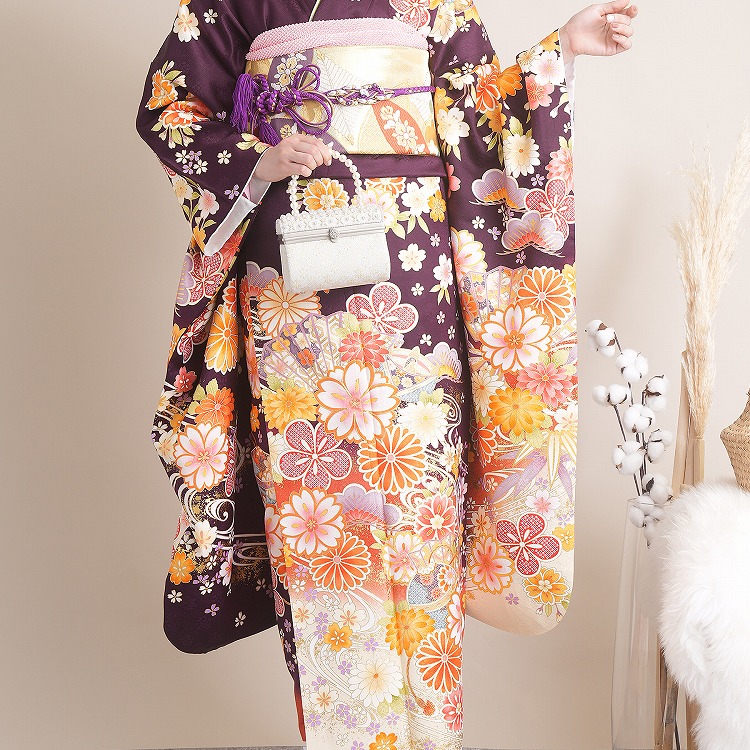 振袖 レンタル 成人式 21点セット レトロ 成人式セット 花 濃紫系 正絹