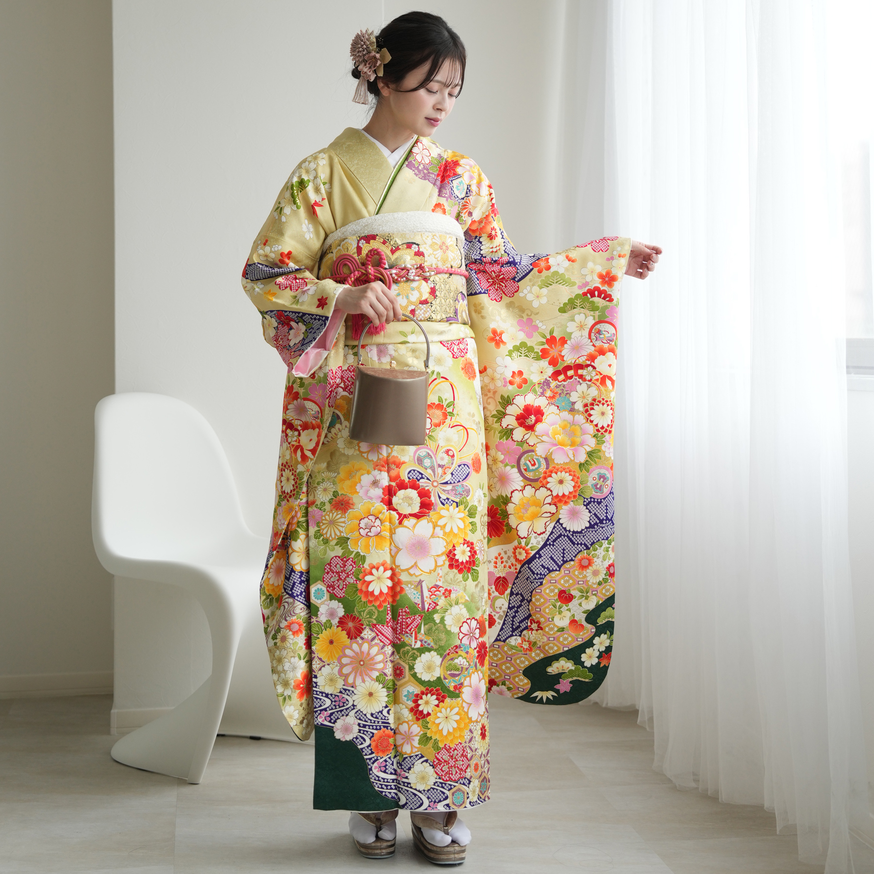 振袖 レンタル 成人式 21点セット レトロ 古典 菊 折り鶴 結婚式 結納
