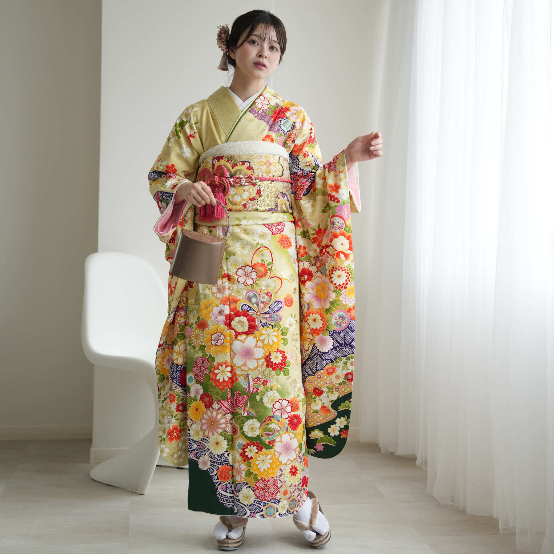 振袖 レンタル 成人式 21点セット レトロ 古典 菊 折り鶴 結婚式 結納