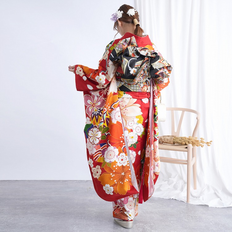 振袖 レンタル 成人式 21点セット レトロ 振袖セット 花 赤系 正絹 赤