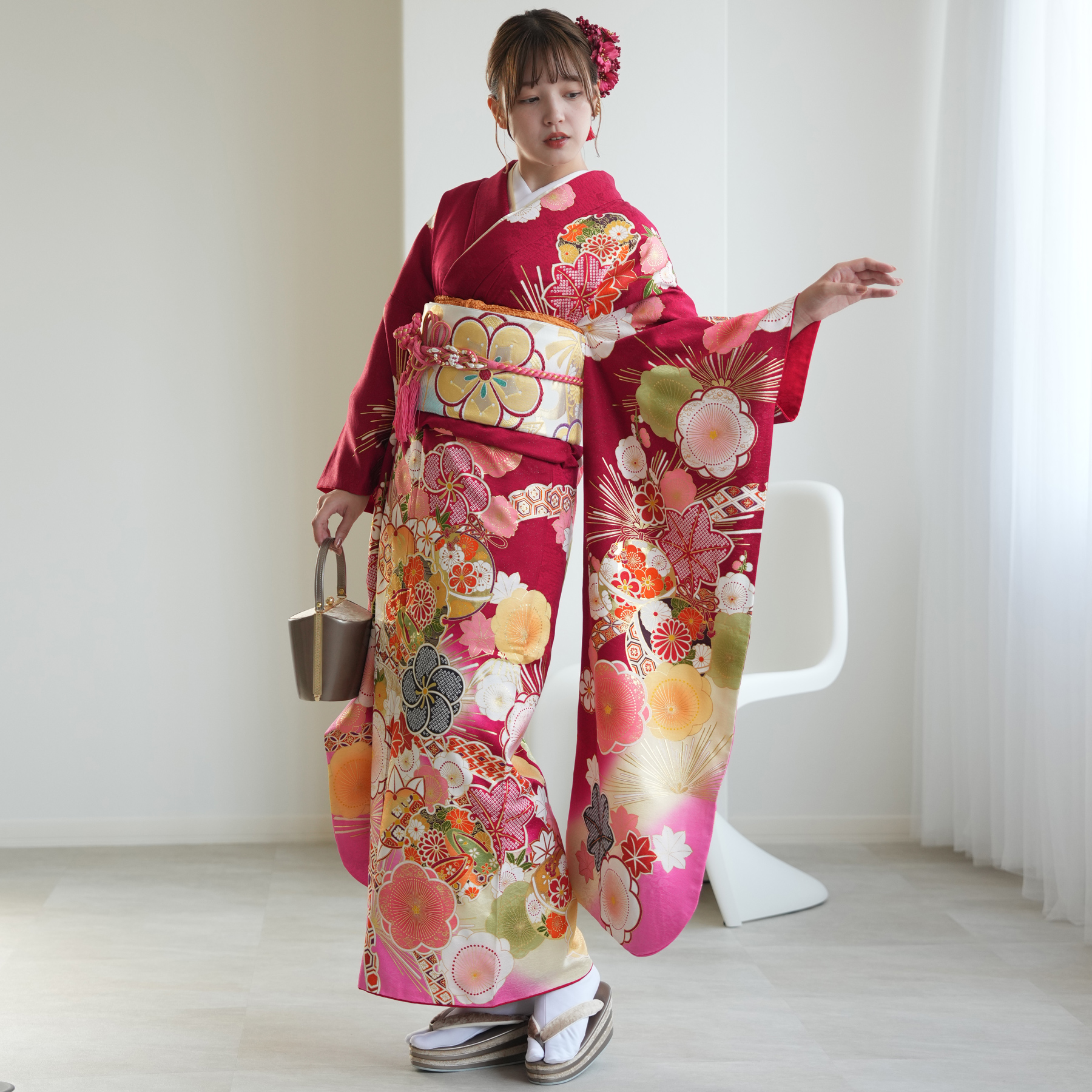 振袖 レンタル 成人式 21点セット レトロ 成人式セット 花 赤系 正絹