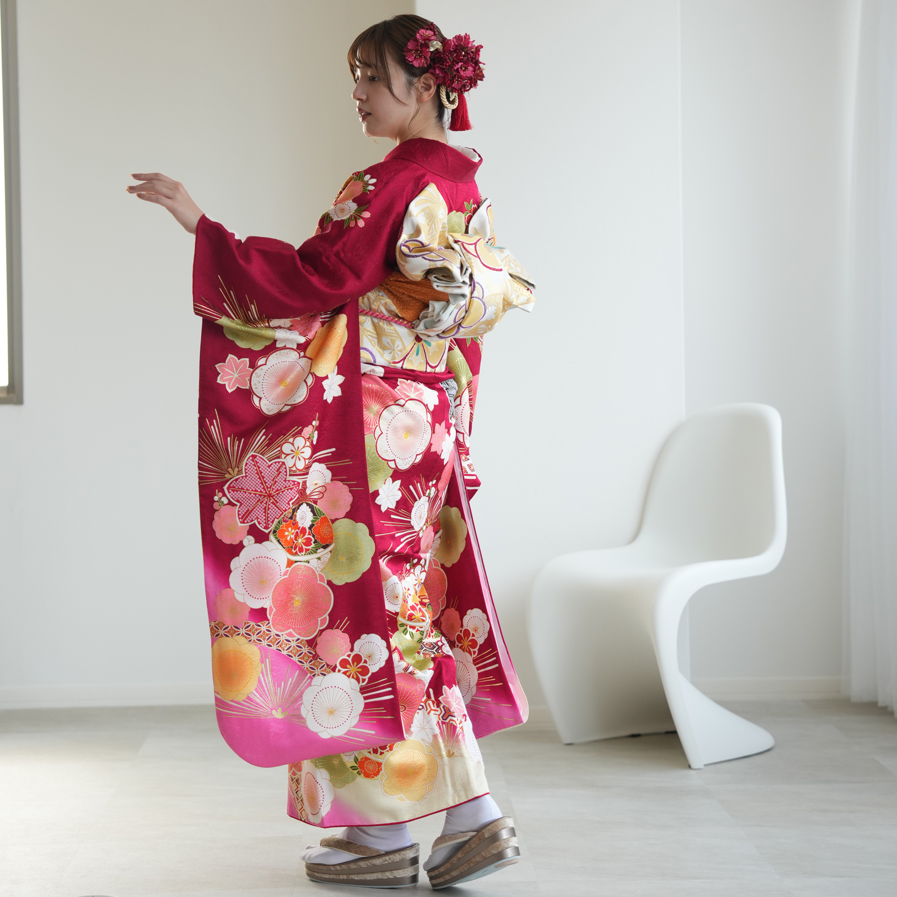 振袖 レンタル 成人式 21点セット レトロ 成人式セット 花 赤系 正絹