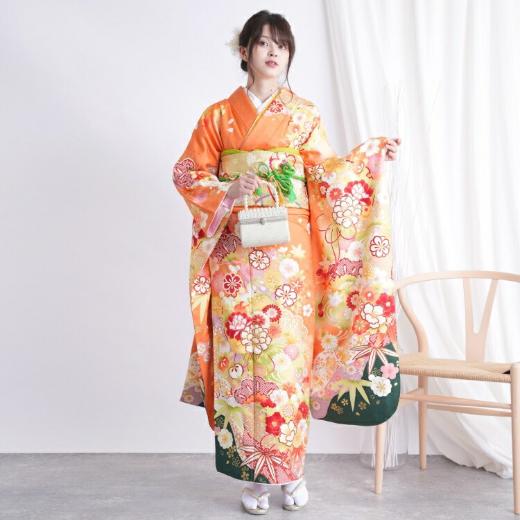 振袖 レンタル 成人式 21点セット レトロ 結婚式 結納 前撮り 成人式セット 花 オレンジ系 正絹 オレンジと緑に花