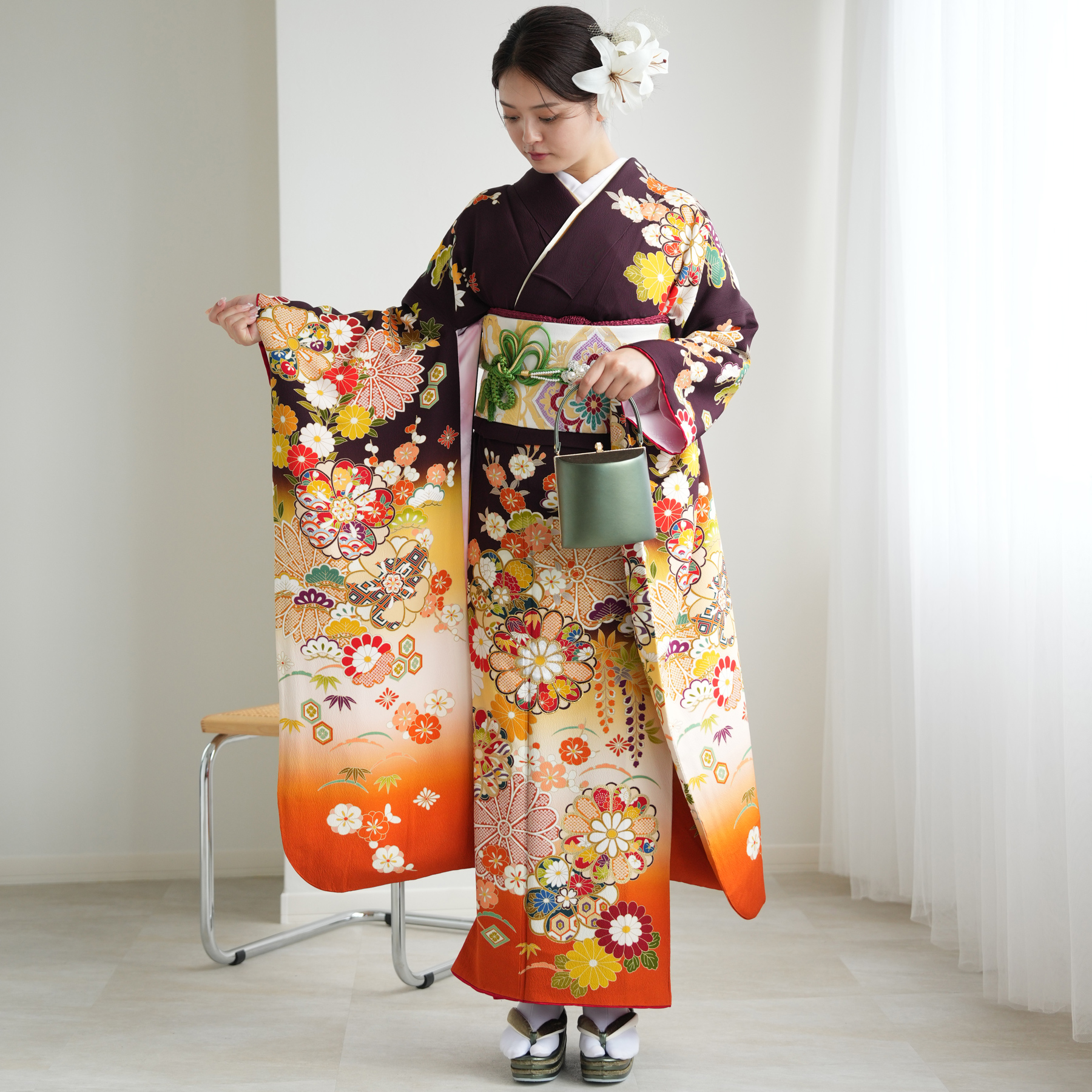 振袖 レンタル 成人式 21点セット レトロ 成人式セット 花 濃紫