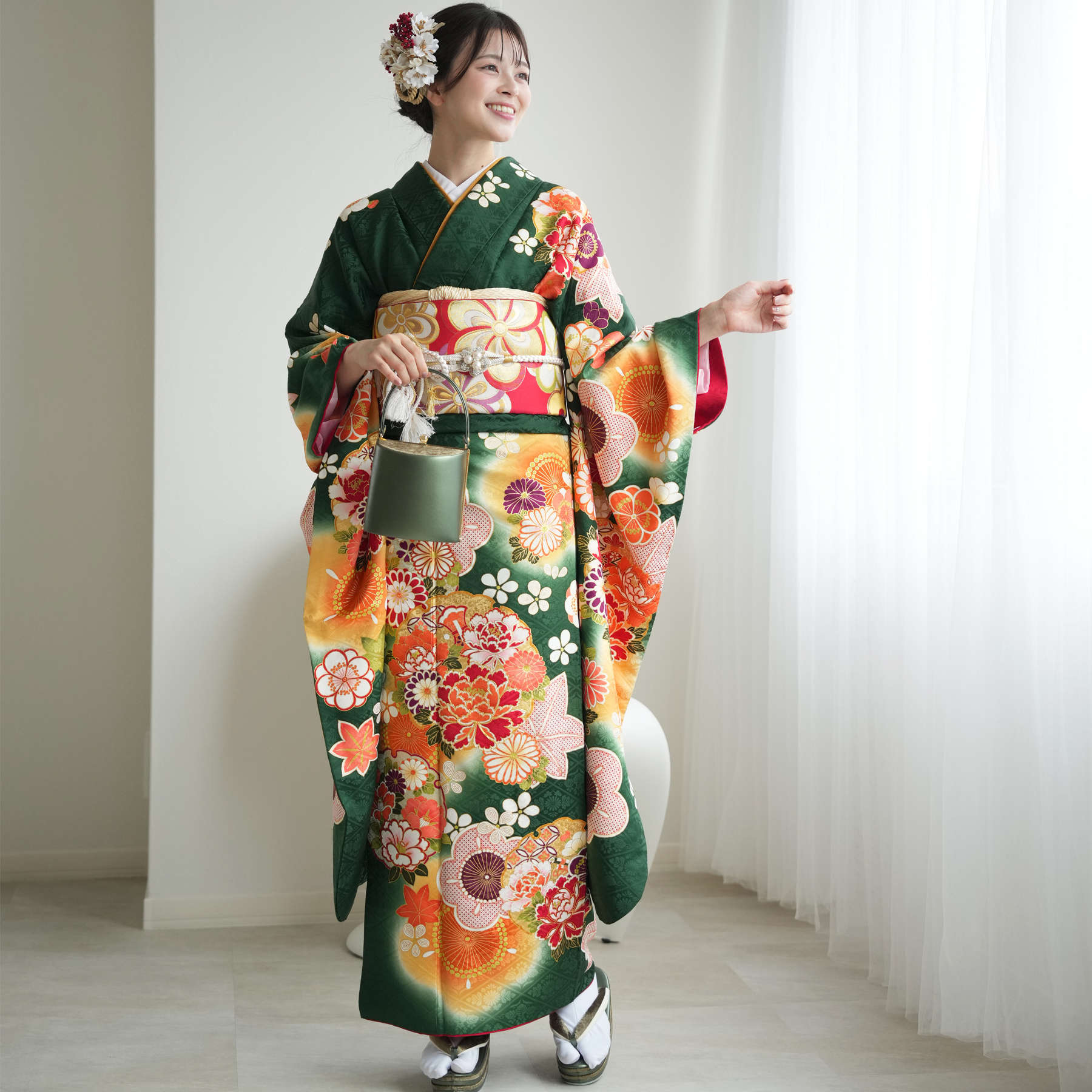 振袖 レンタル 成人式 21点セット レトロ 成人式セット 花 緑系 正絹