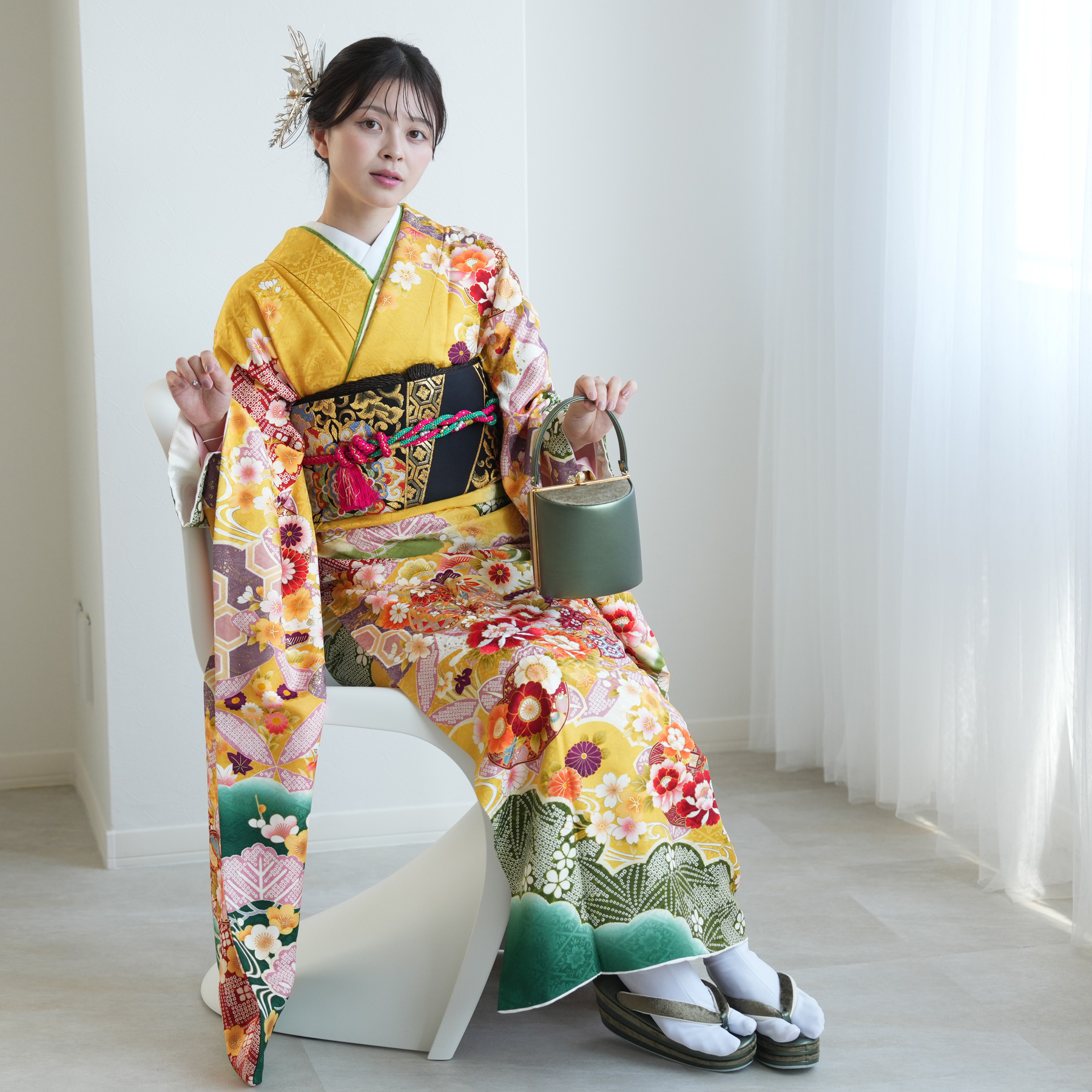 振袖 レンタル 成人式 21点セット レトロ 振袖セット 花 黄系 正絹 華