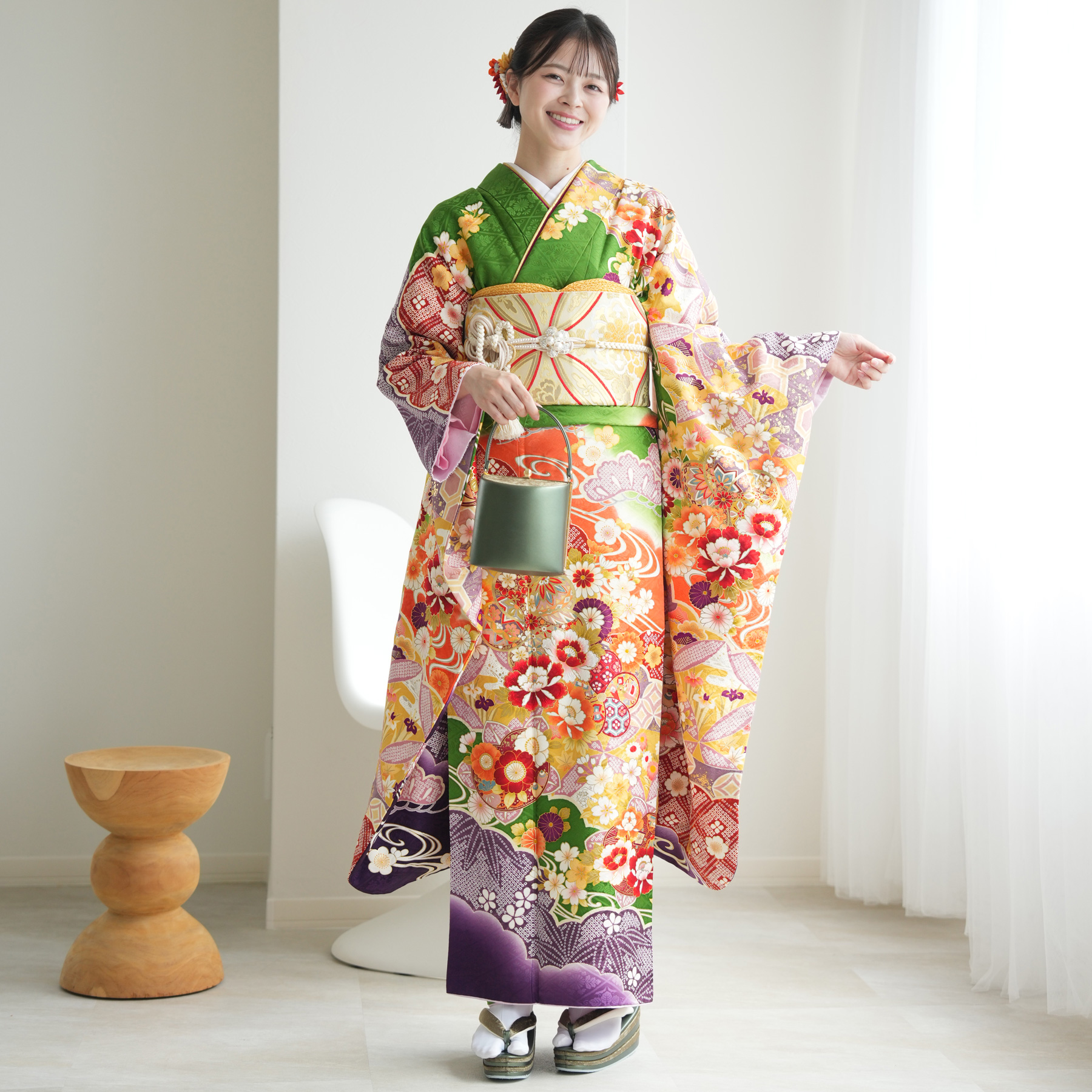 振袖 レンタル 成人式 21点セット レトロ 振袖セット 花 緑系 正絹 緑