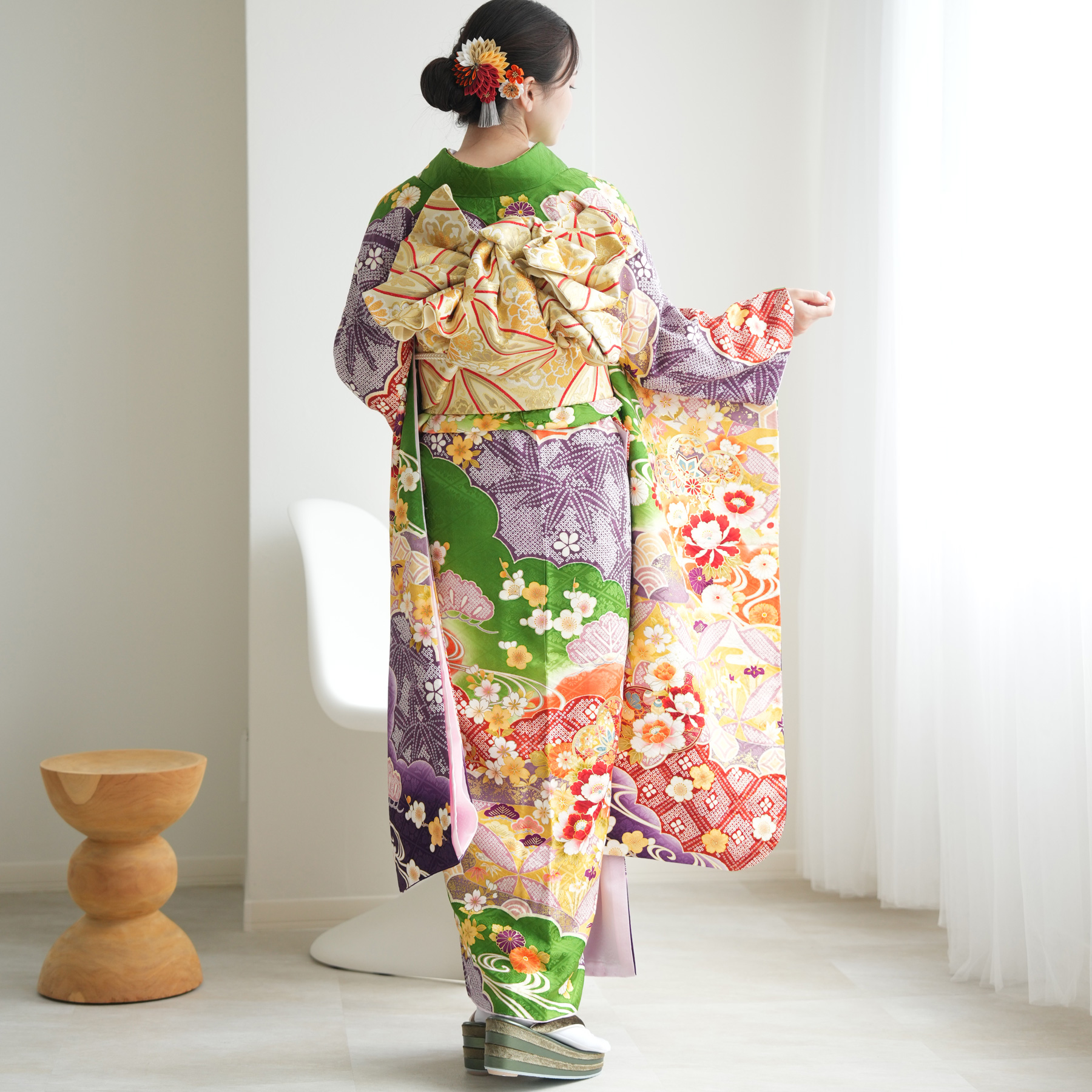 振袖 レンタル 成人式 21点セット レトロ 振袖セット 花 緑系 正絹 緑