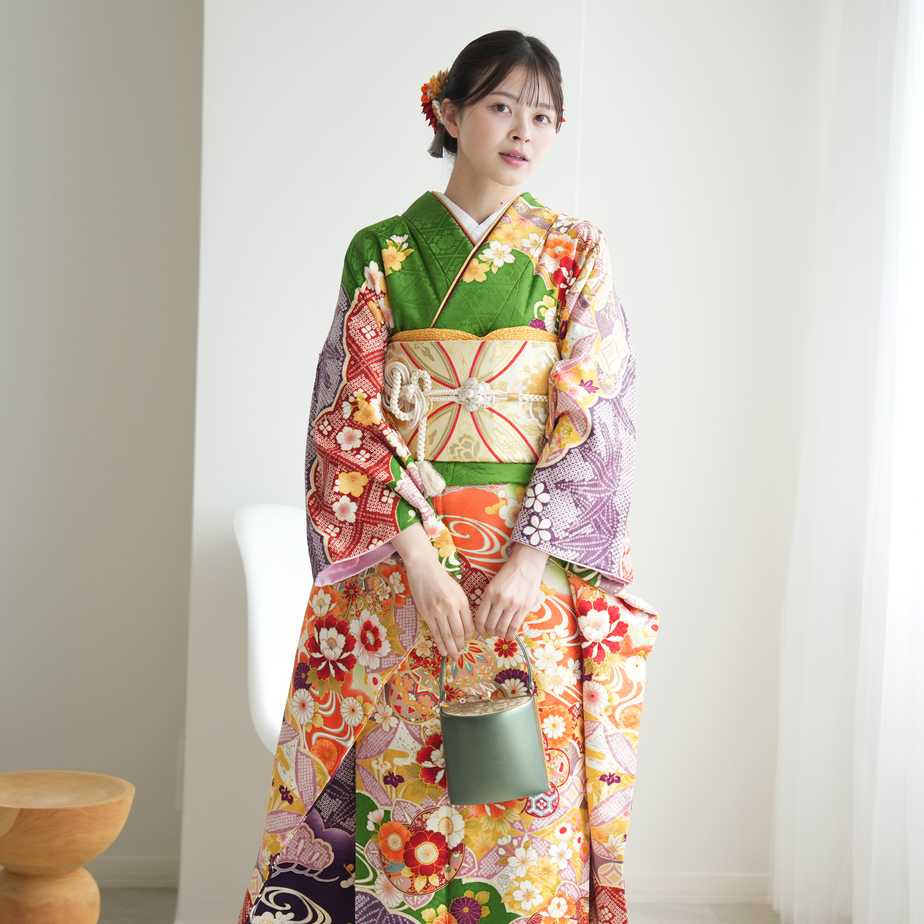 振袖 レンタル 成人式 21点セット レトロ 振袖セット 花 緑系 正絹 緑