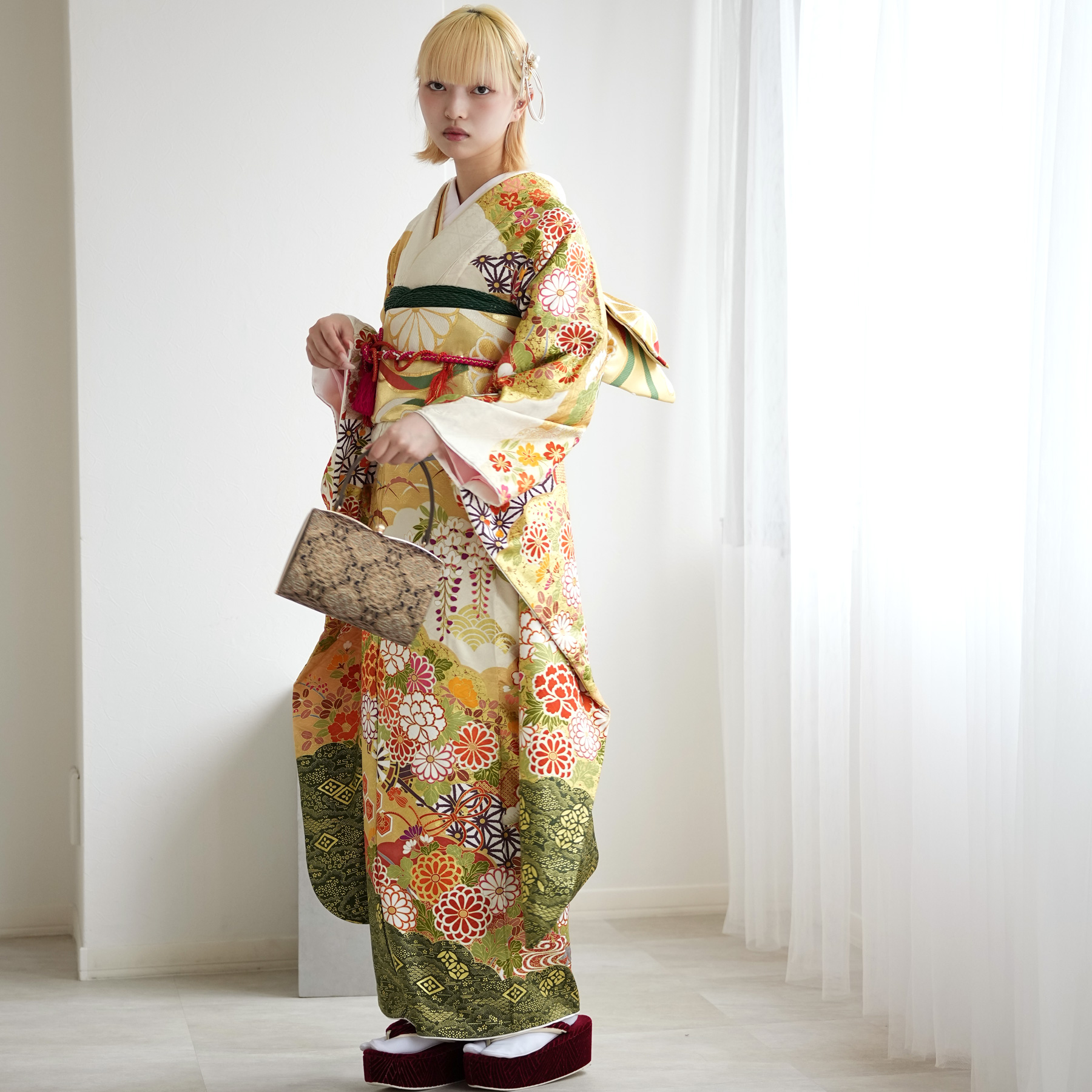 5200 振袖フルセット　正絹黄イエロー　成人式結婚式卒業式 古典御所車 5200 振袖フルセット 正絹黄イエロー 成人式結婚式卒業式 古典御所車