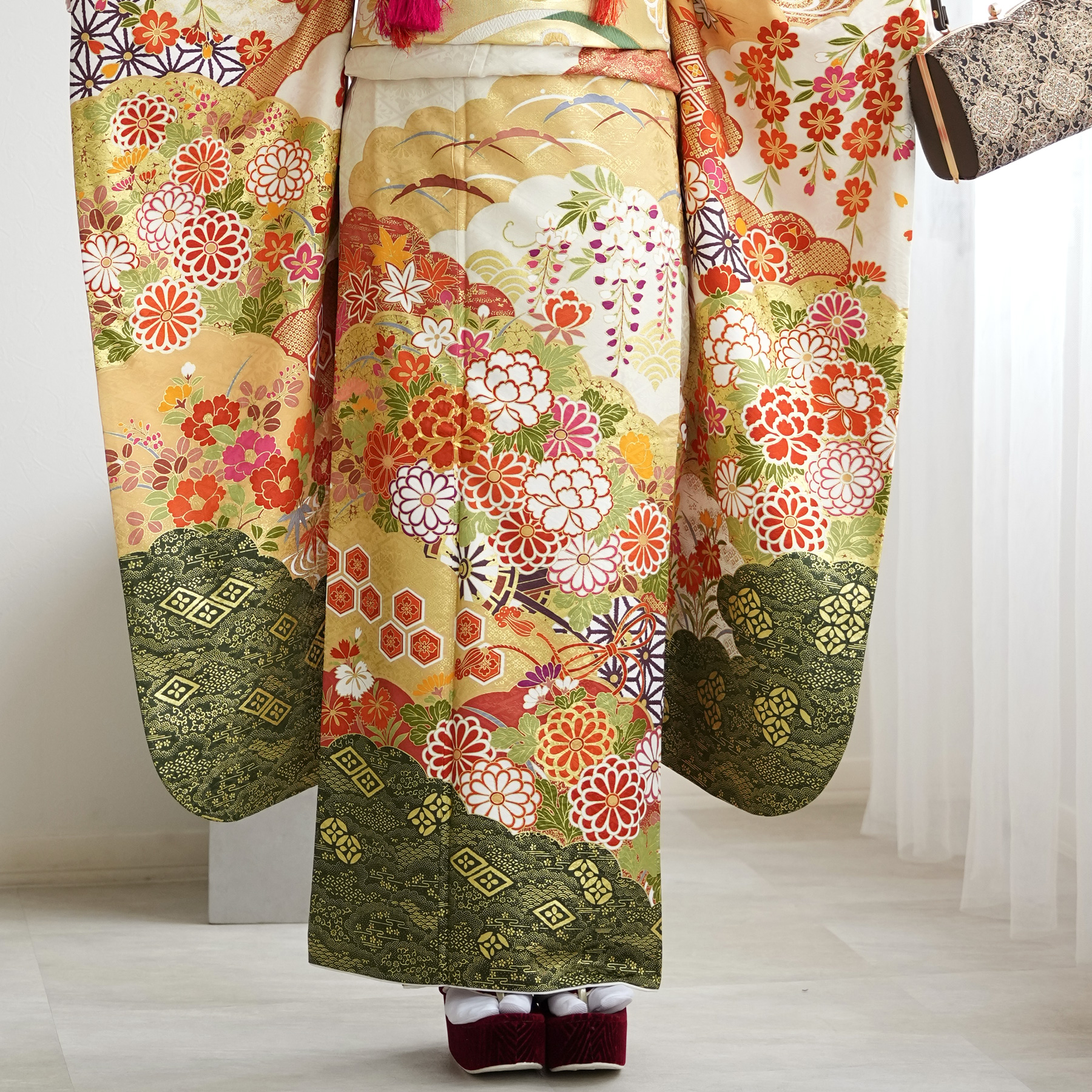 振袖 レンタル 成人式 21点セット レトロ 成人式セット 花 黄系 正絹