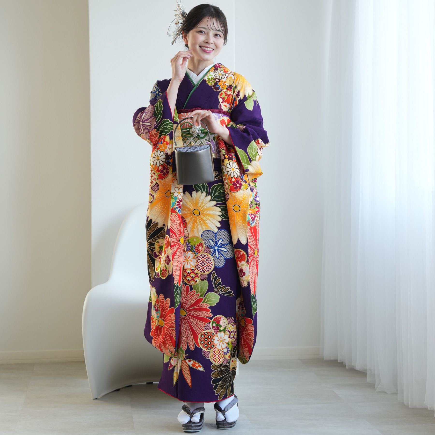 振袖 レンタル 成人式 21点セット レトロ 成人式セット 花 紫系 正絹