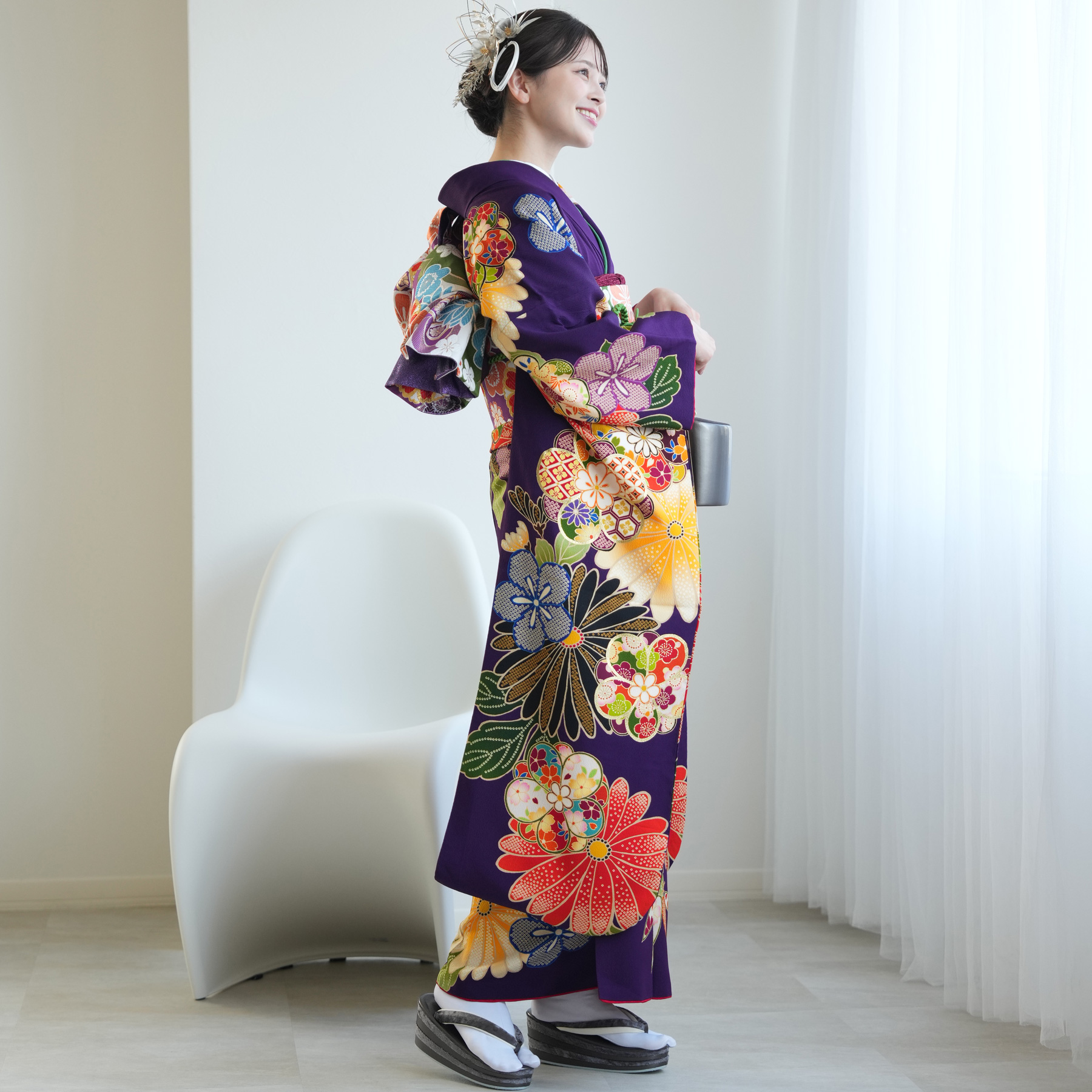 振袖 レンタル 成人式 21点セット レトロ 成人式セット 花 紫系 正絹