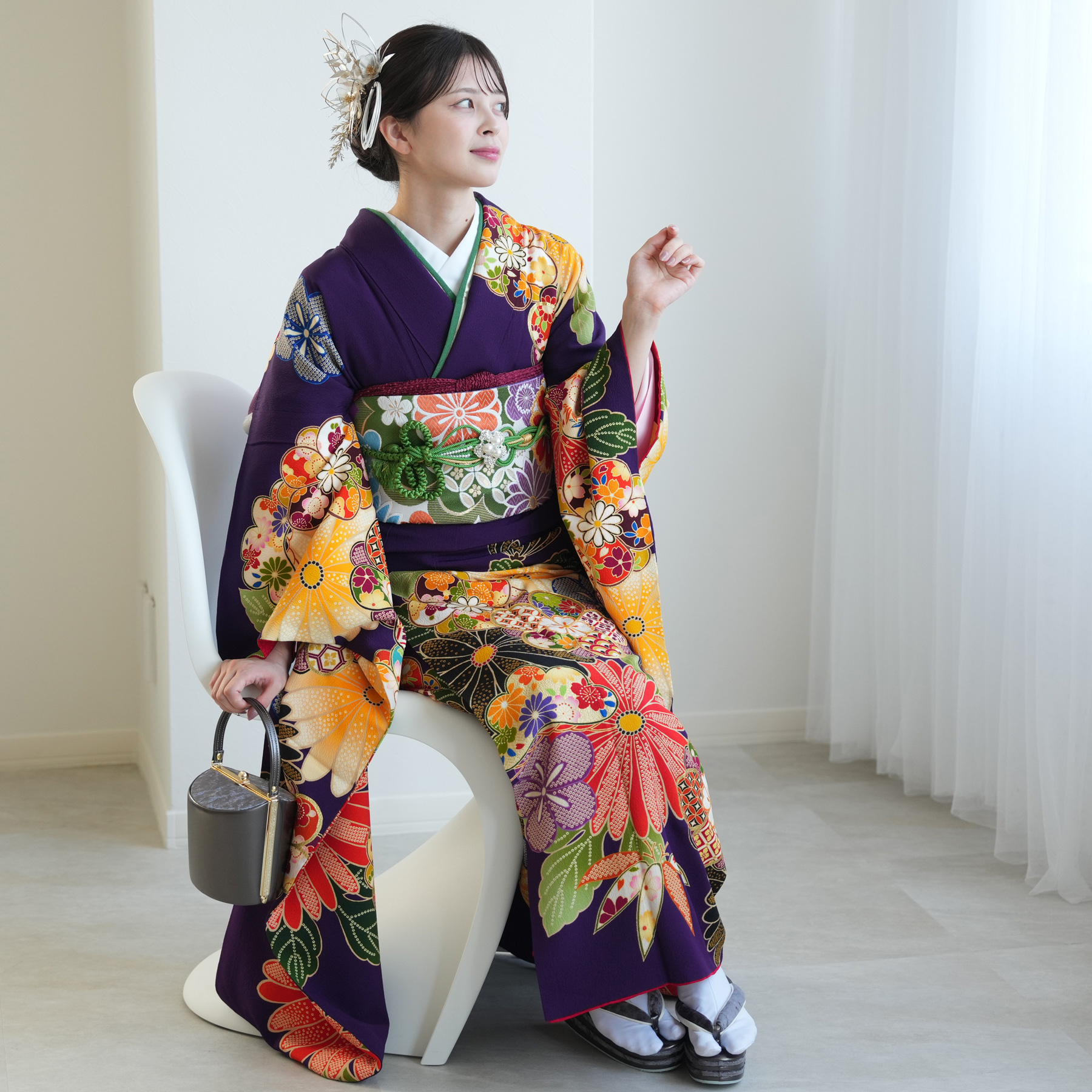 振袖 レンタル 成人式 21点セット レトロ 成人式セット 花 紫系 正絹