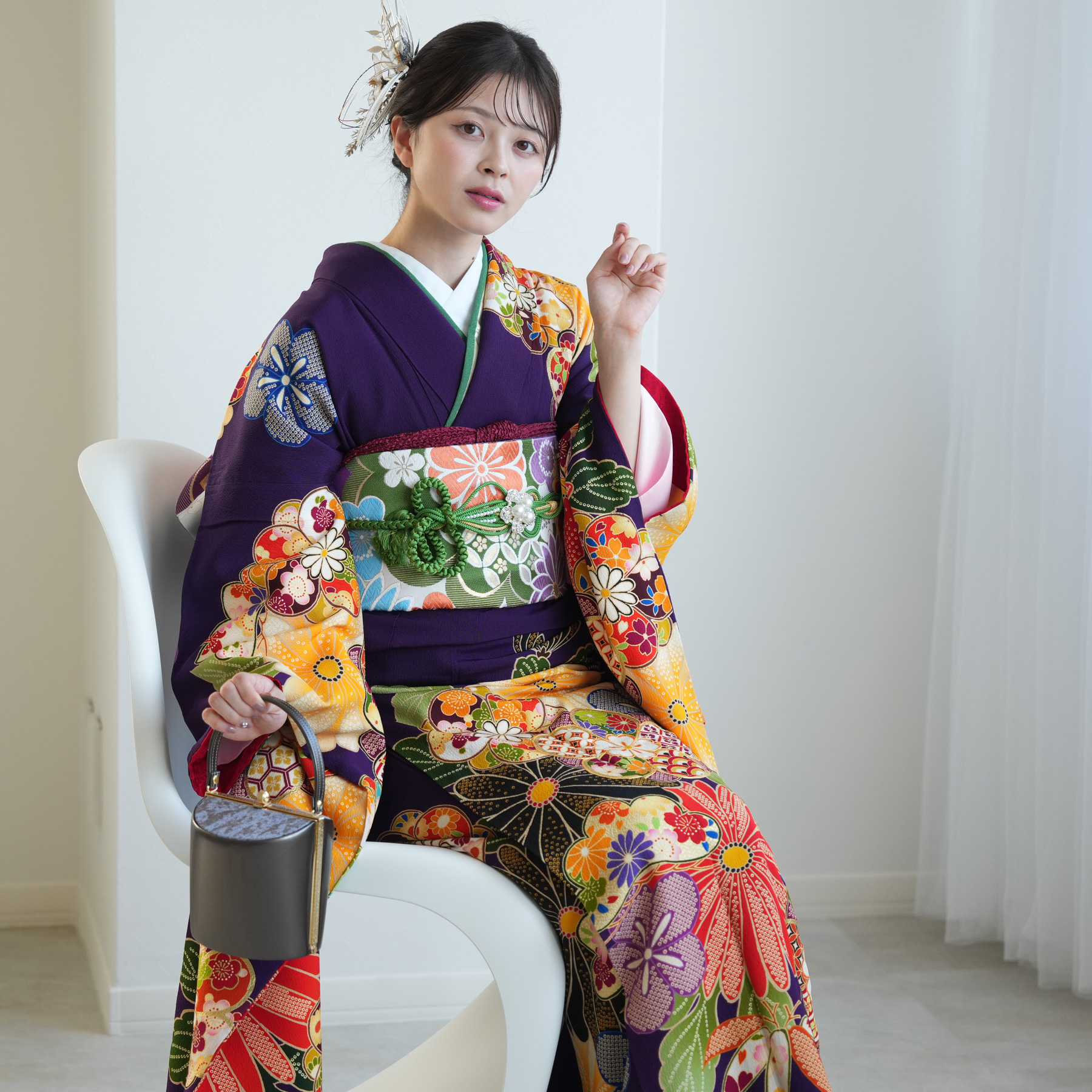 振袖 レンタル 成人式 21点セット レトロ 成人式セット 花 紫系 正絹