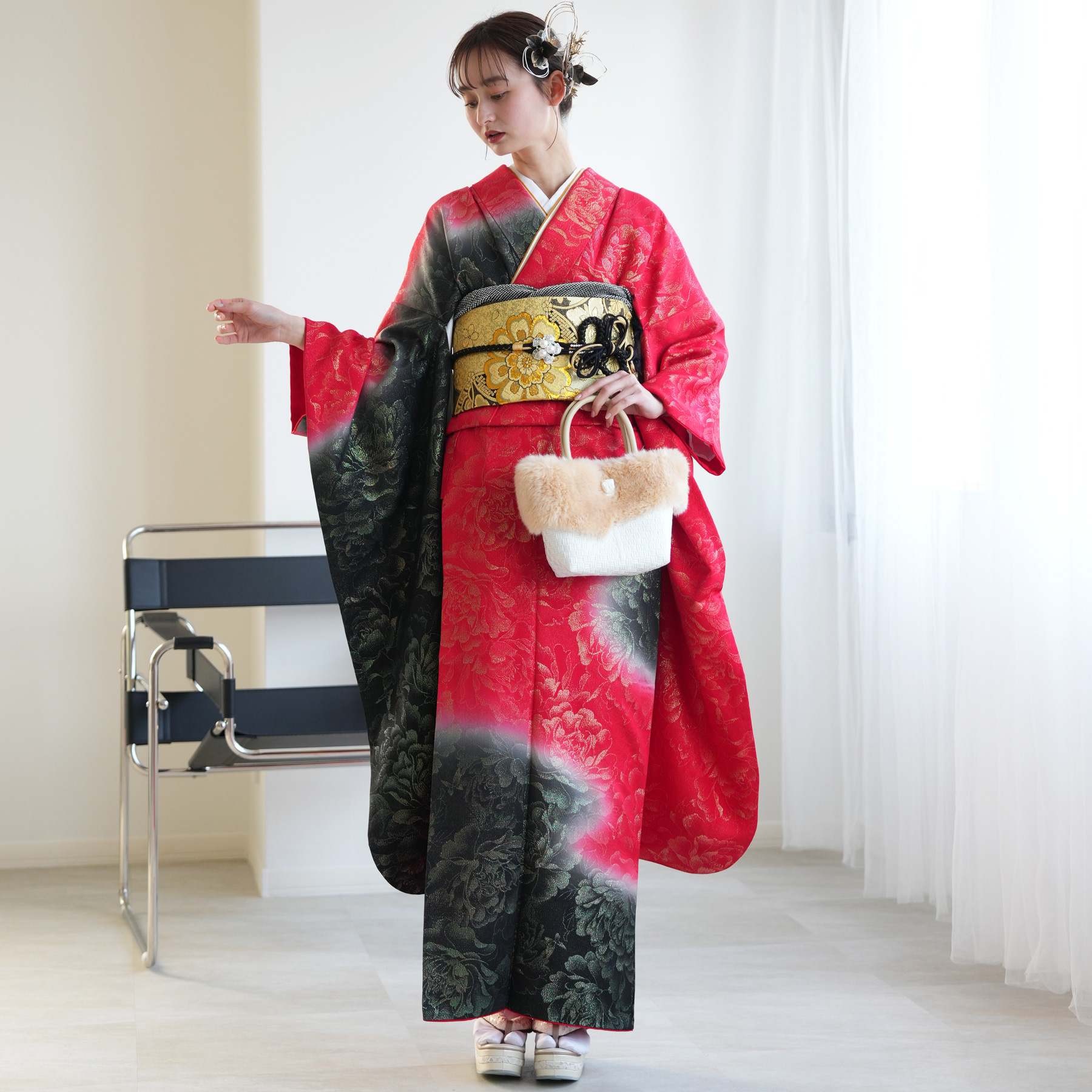 振袖セット 赤 レトロ 大花 レトロモダン 激安レトロポップ 赤 椿柄/総柄 派手可愛い 目立つ お洒落